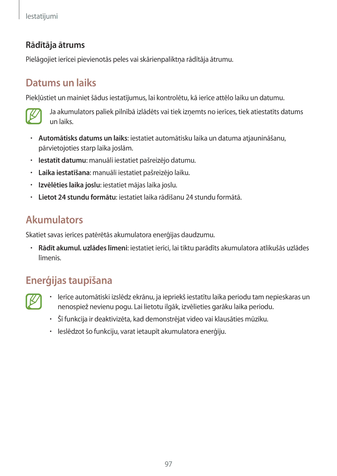 Samsung SM-T360NNGASEB manual Datums un laiks, Akumulators, Enerģijas taupīšana, Rādītāja ātrums 