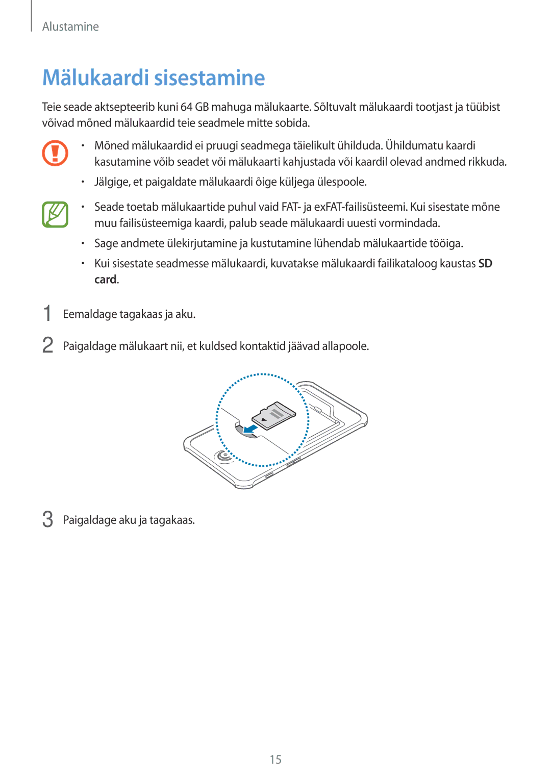 Samsung SM-T360NNGASEB manual Mälukaardi sisestamine 