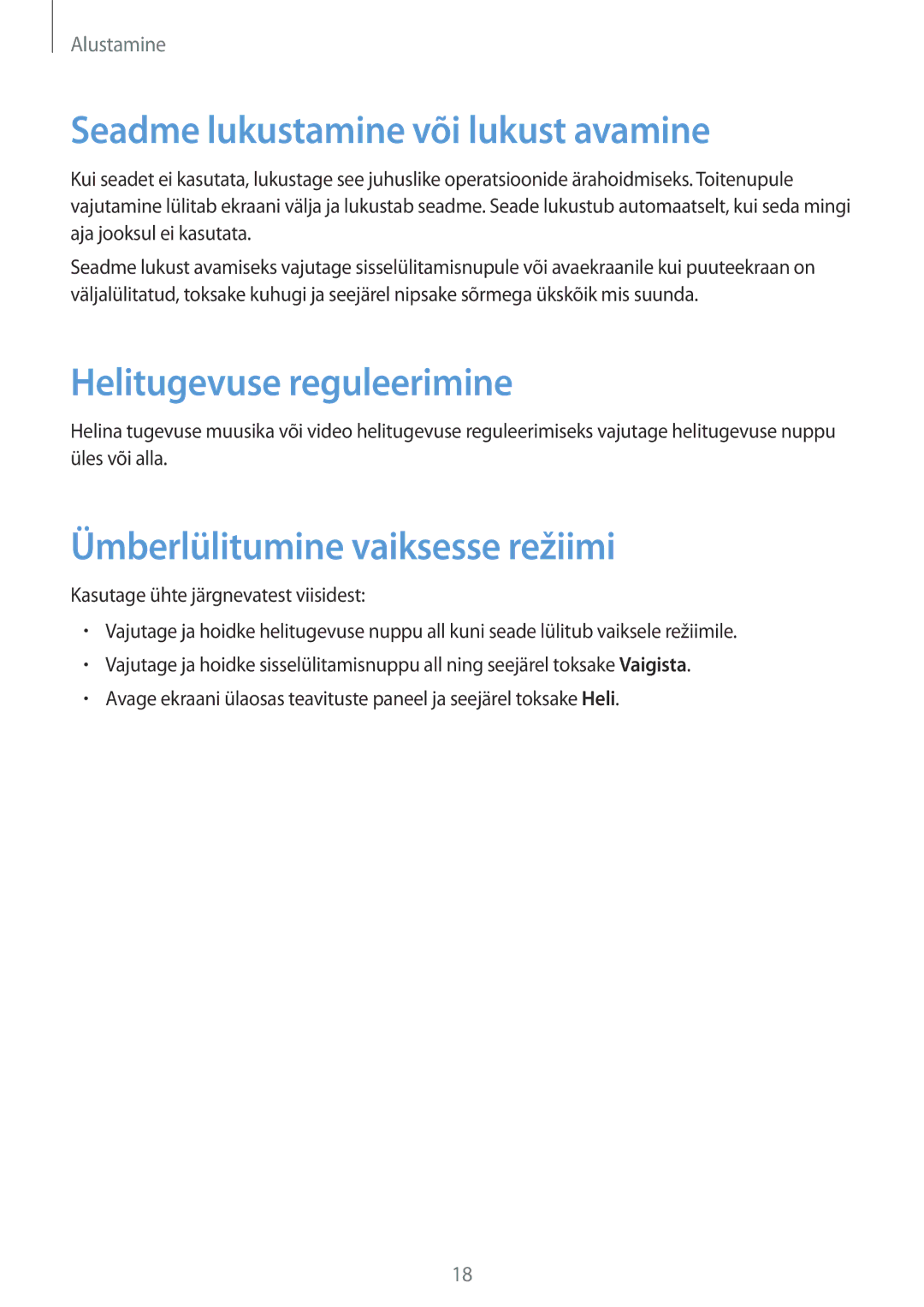 Samsung SM-T360NNGASEB manual Seadme lukustamine või lukust avamine, Helitugevuse reguleerimine 