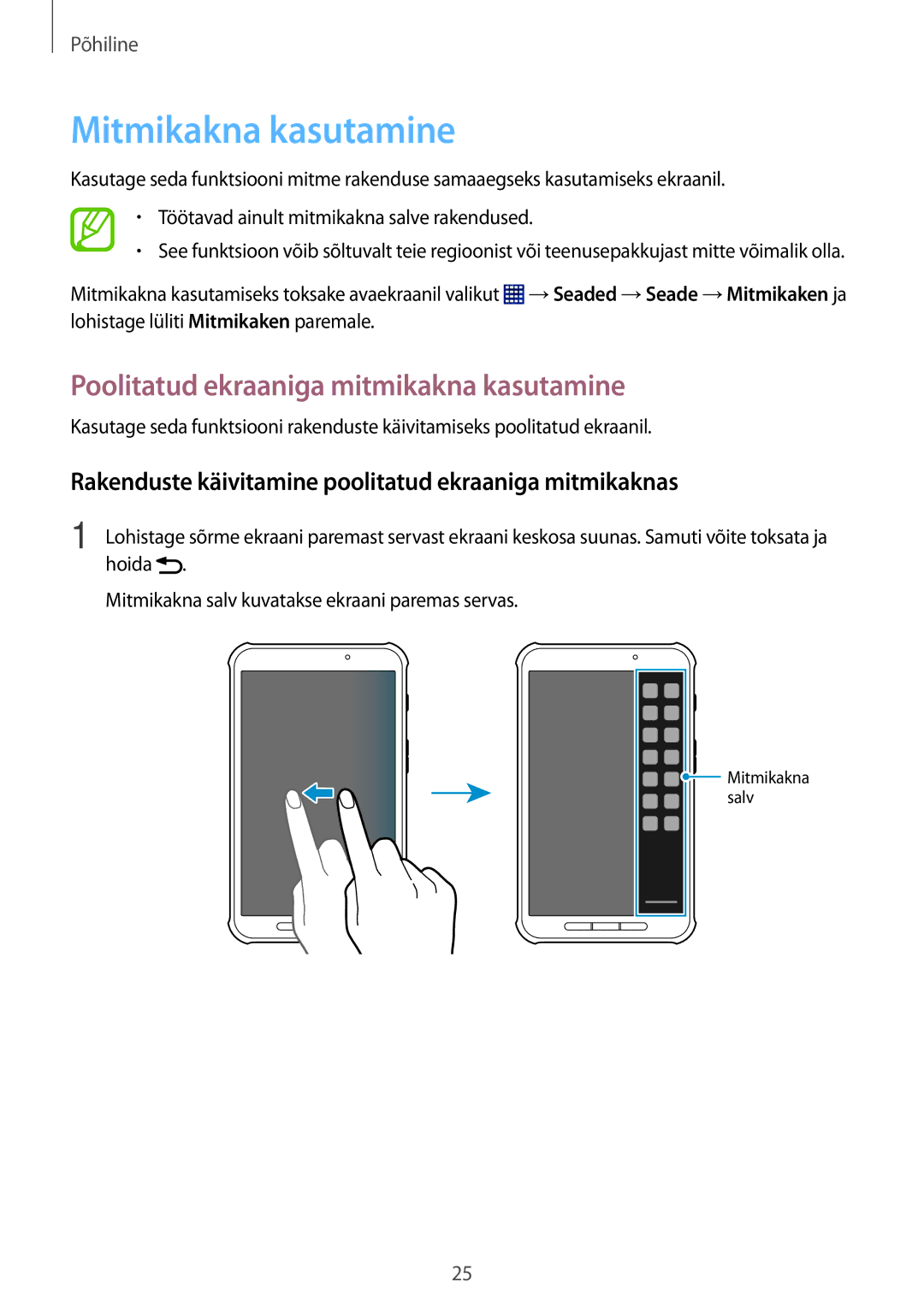 Samsung SM-T360NNGASEB manual Mitmikakna kasutamine, Poolitatud ekraaniga mitmikakna kasutamine 