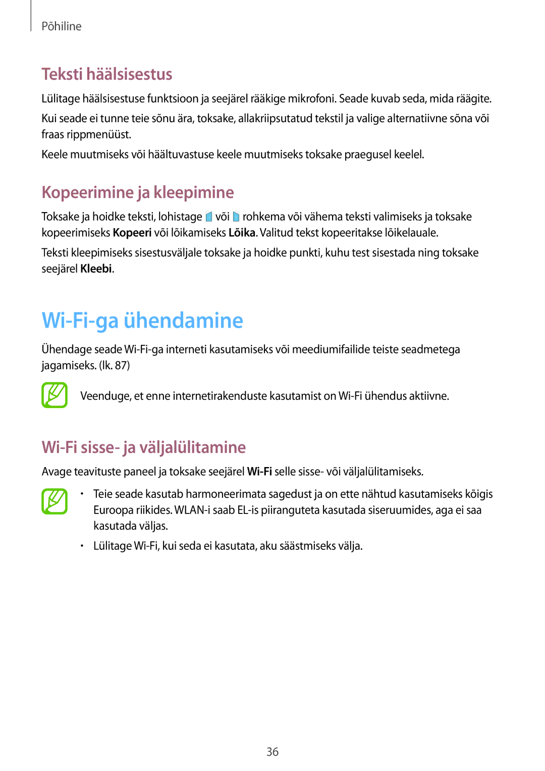 Samsung SM-T360NNGASEB manual Wi-Fi-ga ühendamine, Teksti häälsisestus, Kopeerimine ja kleepimine 