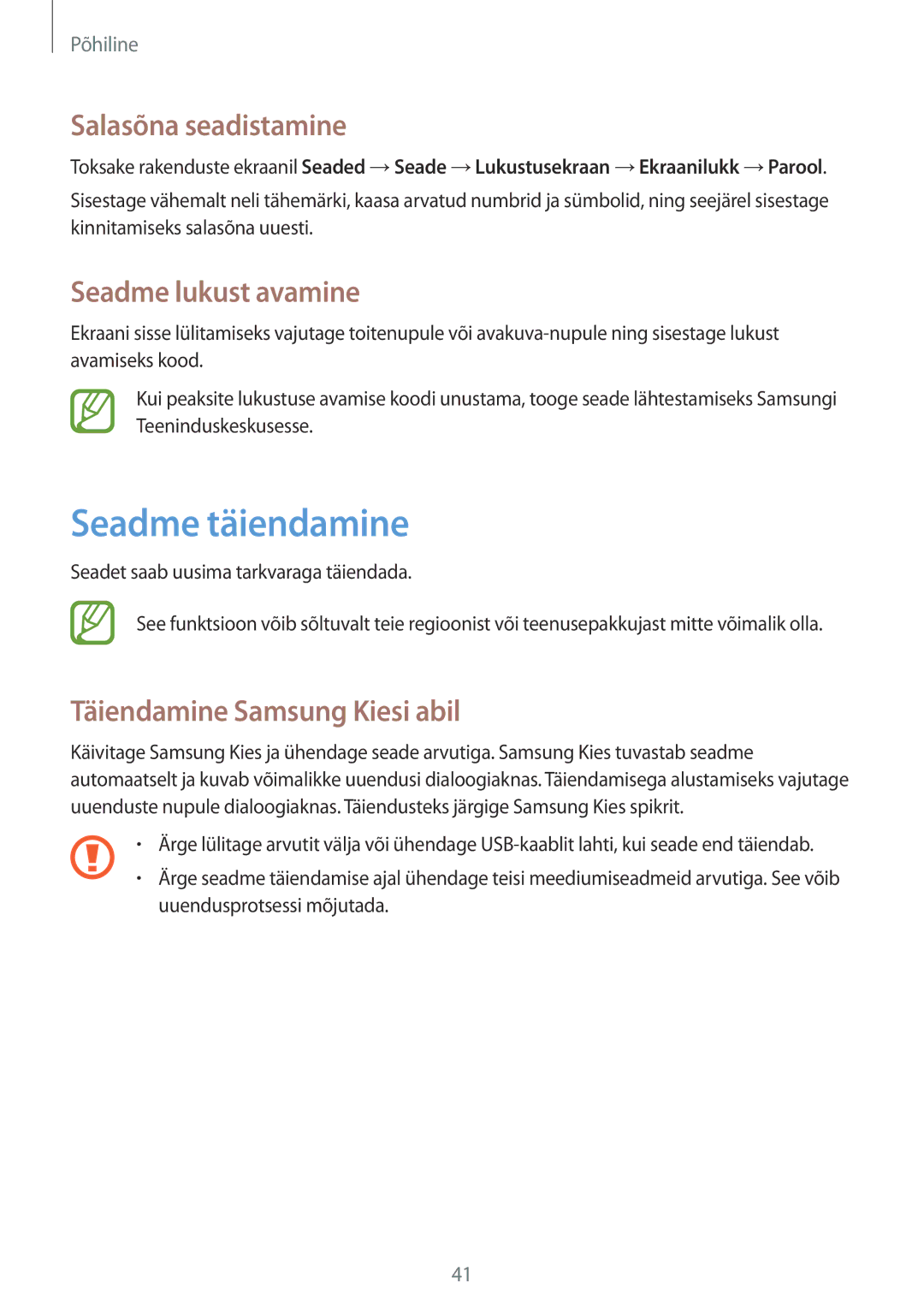 Samsung SM-T360NNGASEB Seadme täiendamine, Salasõna seadistamine, Seadme lukust avamine, Täiendamine Samsung Kiesi abil 