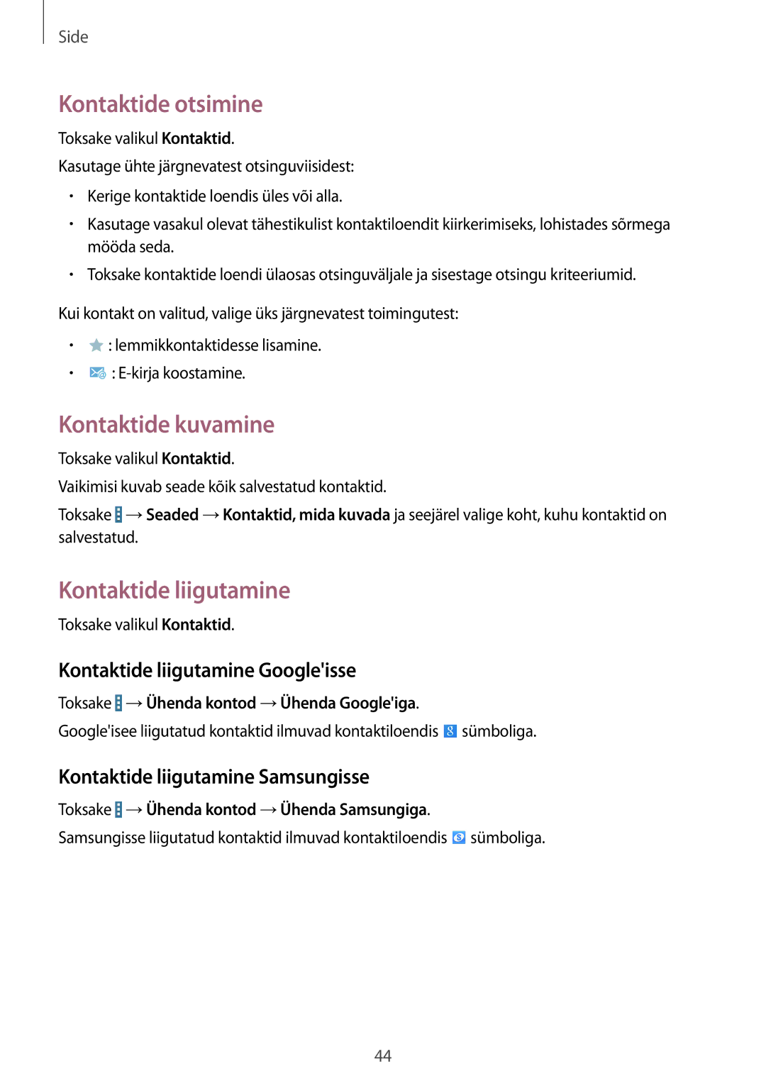 Samsung SM-T360NNGASEB manual Kontaktide otsimine, Kontaktide kuvamine, Kontaktide liigutamine Googleisse 