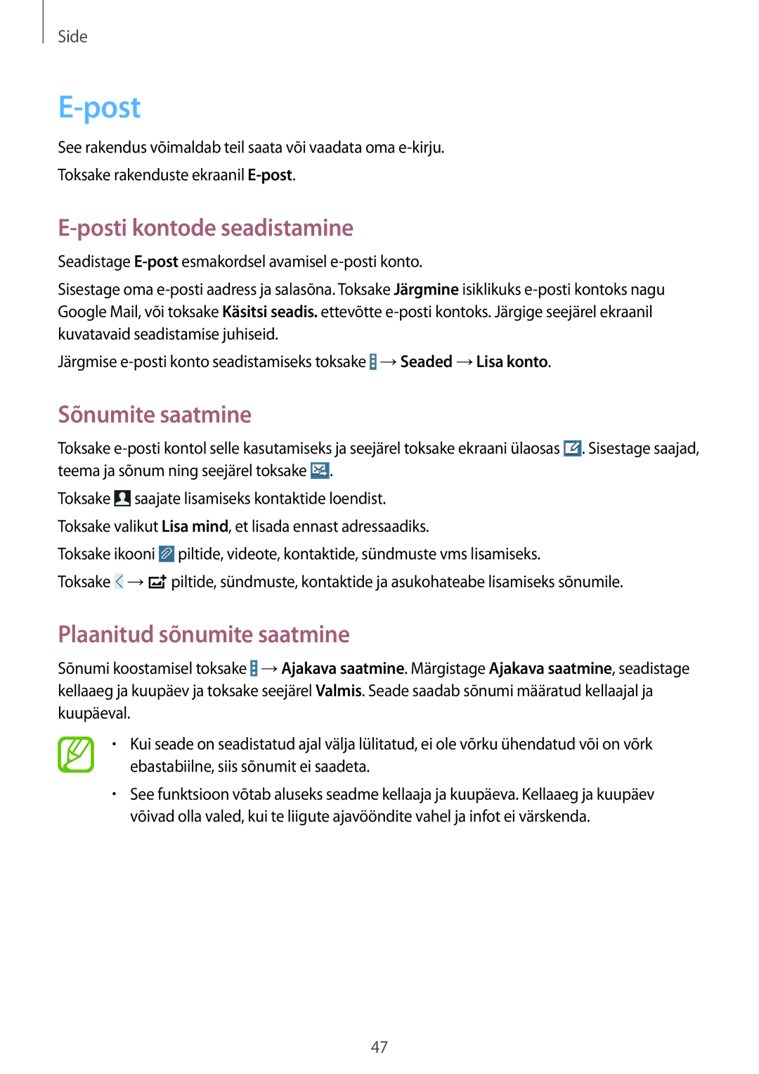 Samsung SM-T360NNGASEB manual Posti kontode seadistamine, Sõnumite saatmine, Plaanitud sõnumite saatmine 