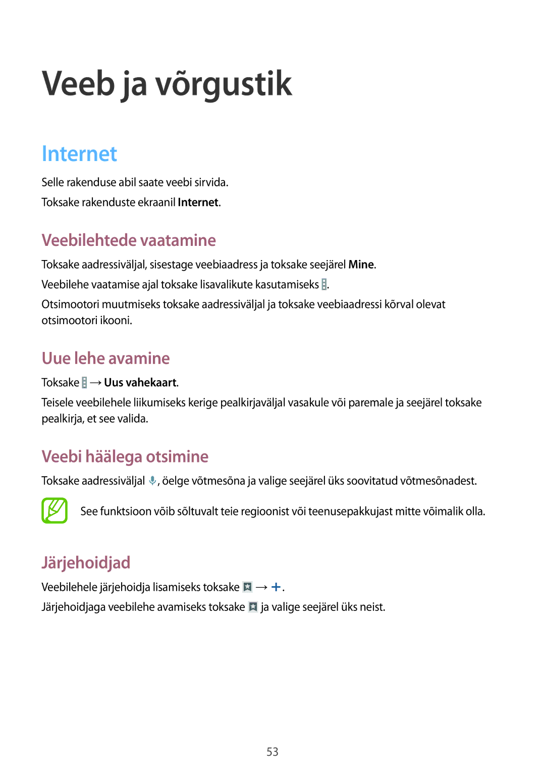 Samsung SM-T360NNGASEB manual Veeb ja võrgustik, Internet 