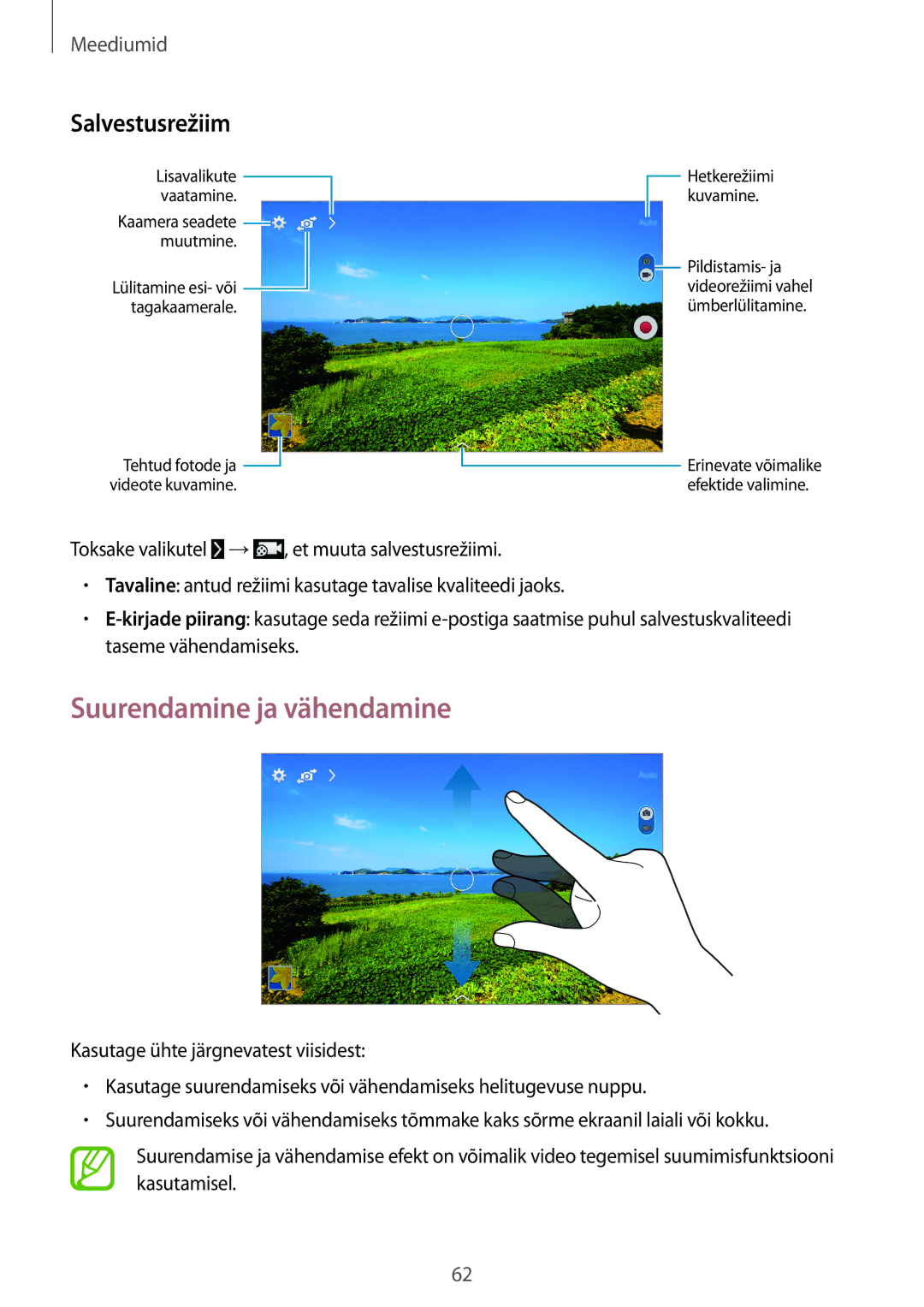 Samsung SM-T360NNGASEB manual Suurendamine ja vähendamine, Salvestusrežiim 