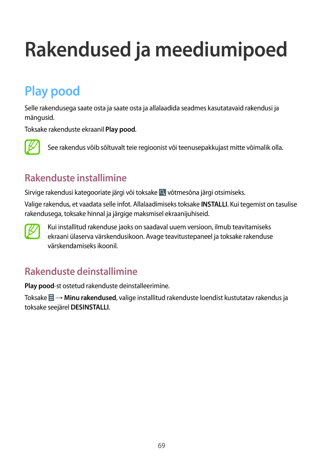 Samsung SM-T360NNGASEB manual Rakendused ja meediumipoed, Play pood 