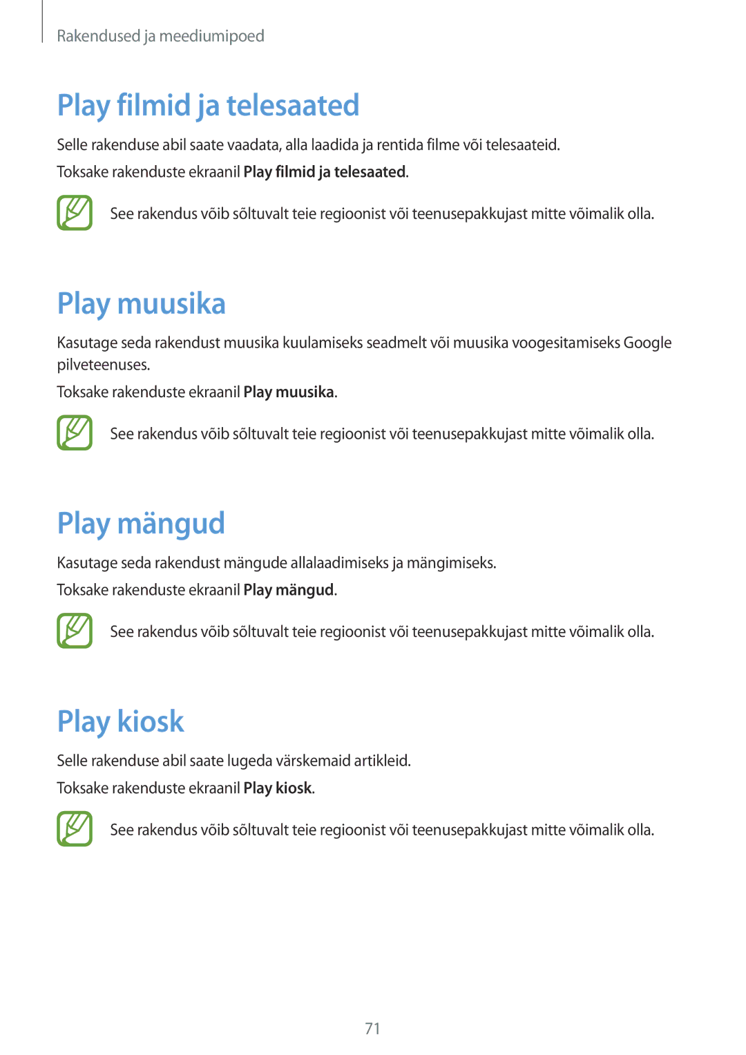 Samsung SM-T360NNGASEB manual Play filmid ja telesaated, Play muusika, Play mängud, Play kiosk 