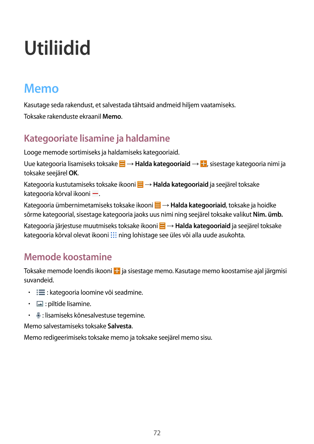 Samsung SM-T360NNGASEB manual Utiliidid, Kategooriate lisamine ja haldamine, Memode koostamine 