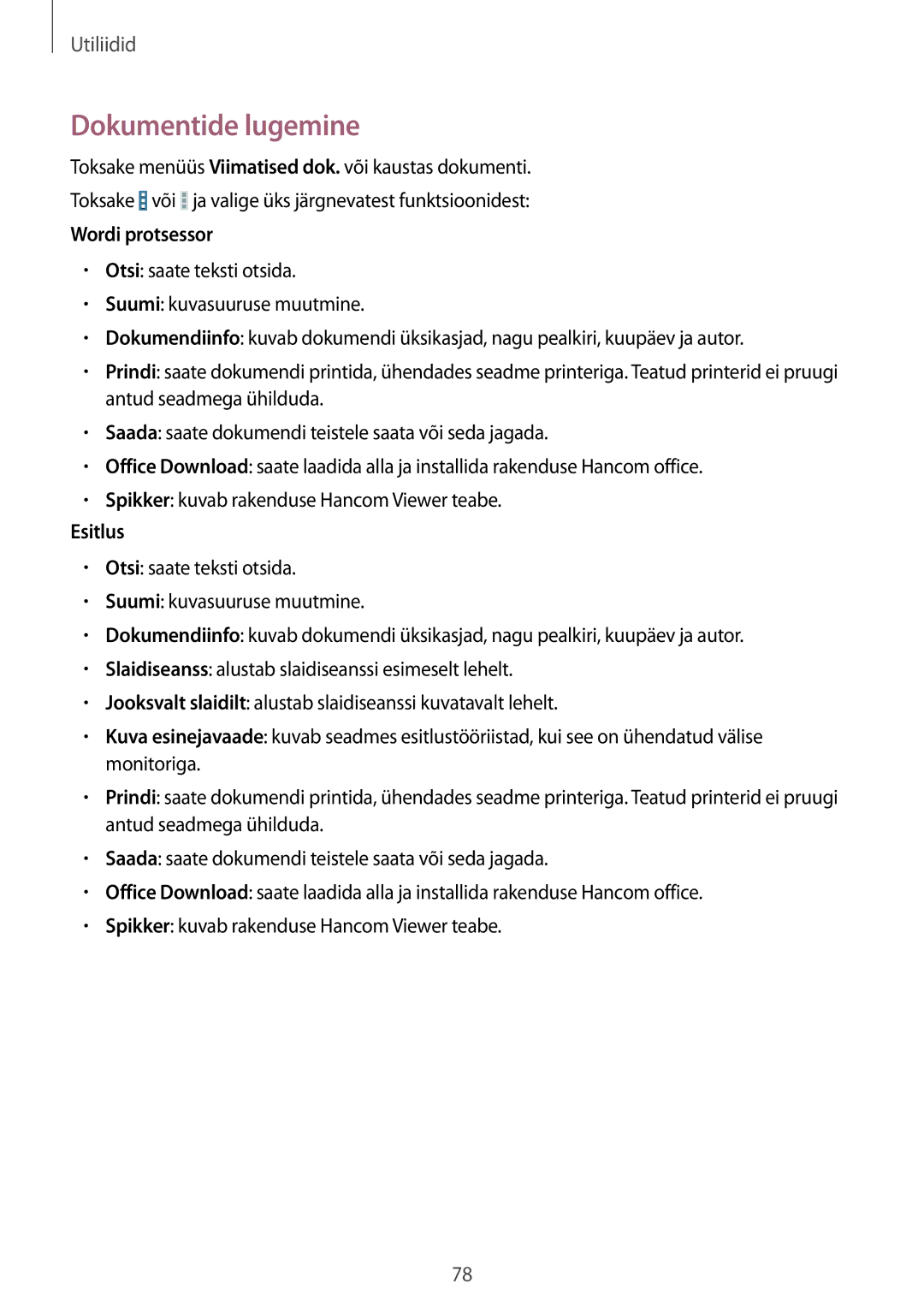 Samsung SM-T360NNGASEB manual Dokumentide lugemine, Wordi protsessor, Esitlus 