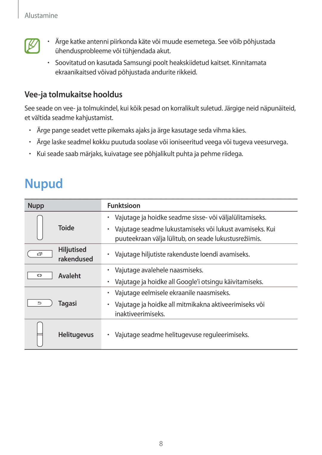 Samsung SM-T360NNGASEB manual Nupud, Vee-ja tolmukaitse hooldus 