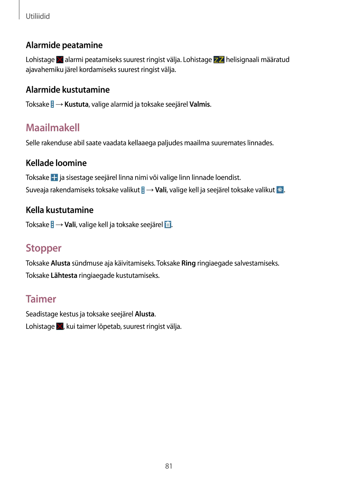 Samsung SM-T360NNGASEB manual Maailmakell, Stopper, Taimer 