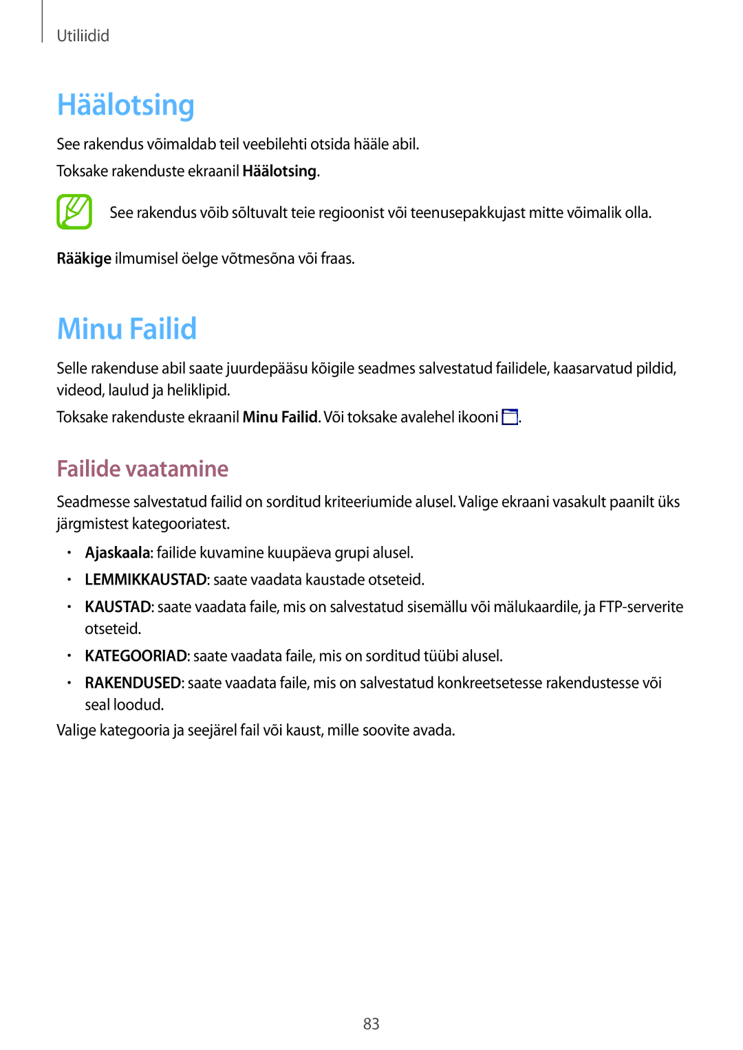 Samsung SM-T360NNGASEB manual Häälotsing, Minu Failid, Failide vaatamine 