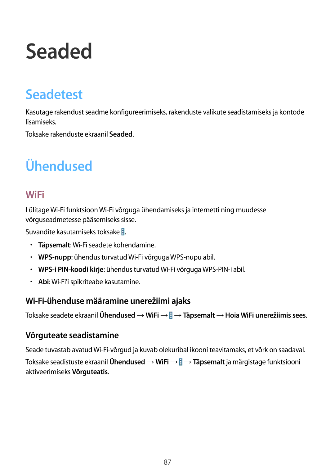 Samsung SM-T360NNGASEB manual Seaded, Seadetest, Ühendused, WiFi 