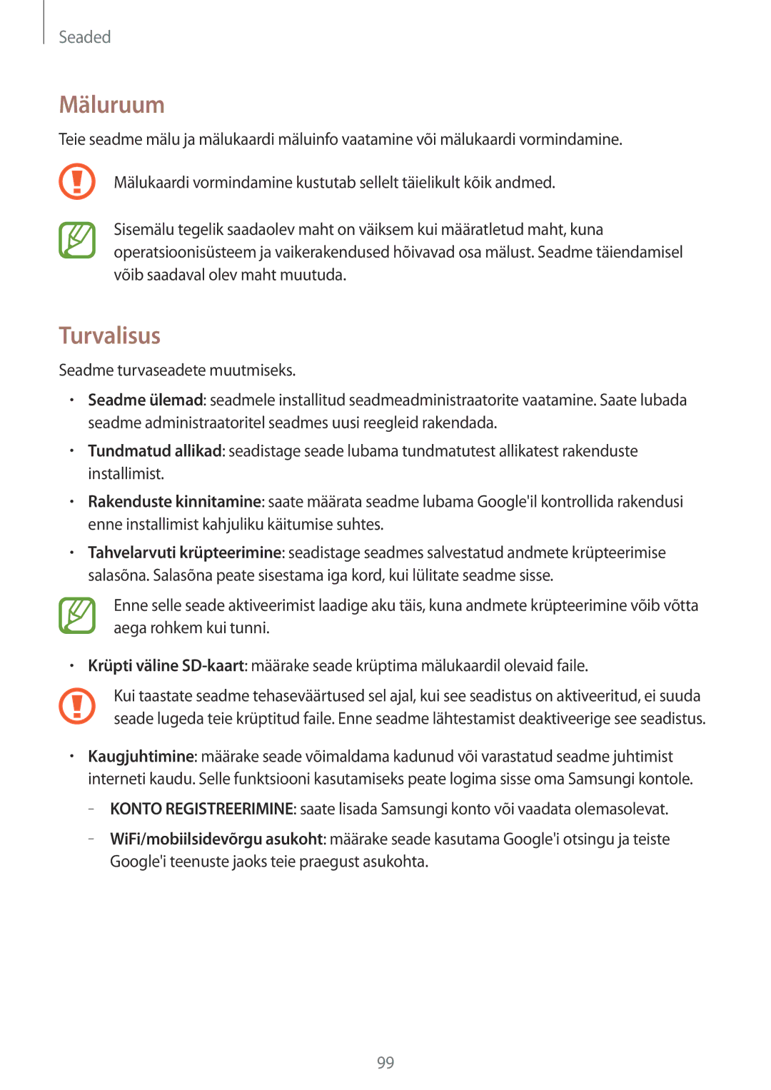 Samsung SM-T360NNGASEB manual Mäluruum, Turvalisus 