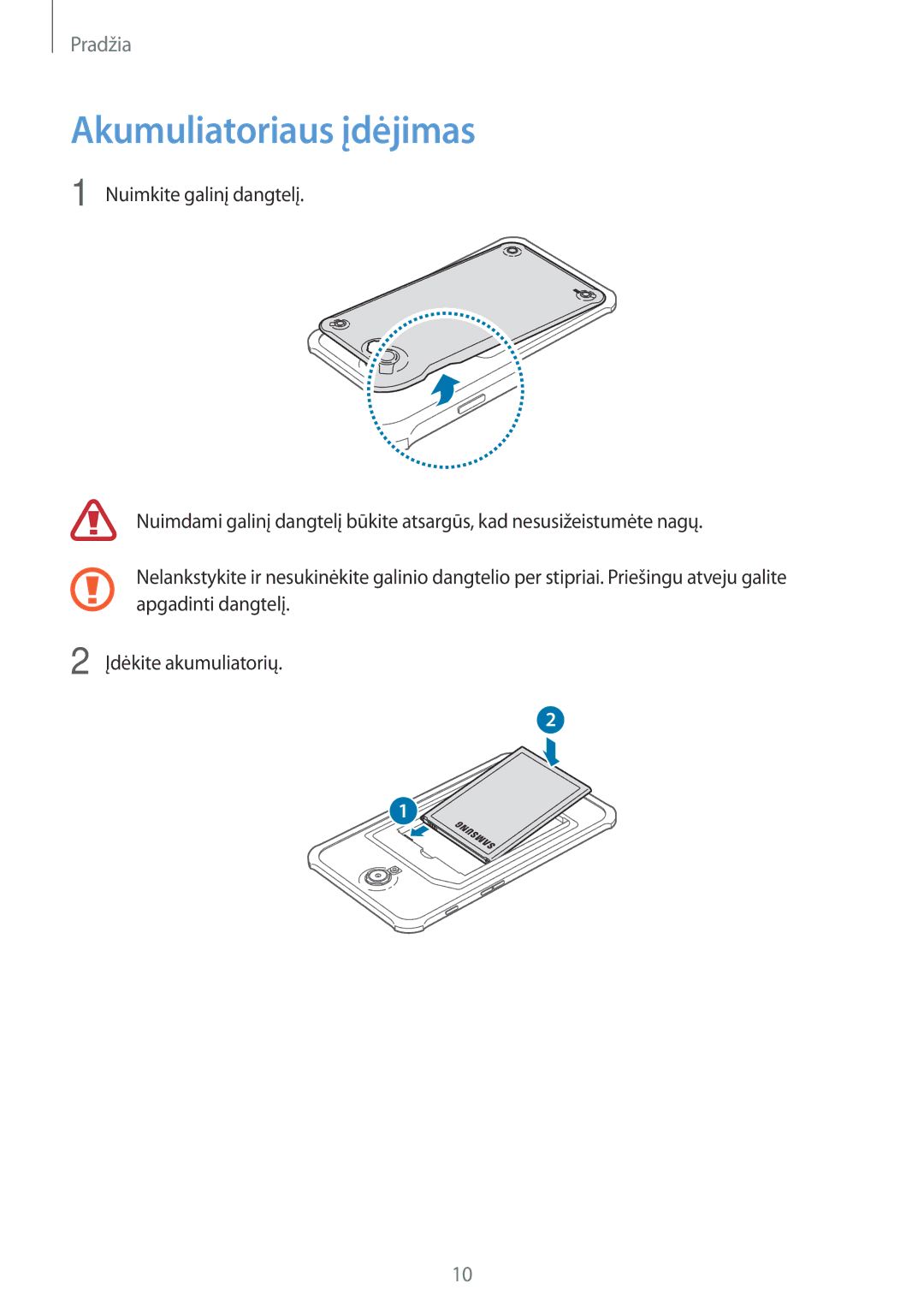 Samsung SM-T360NNGASEB manual Akumuliatoriaus įdėjimas 