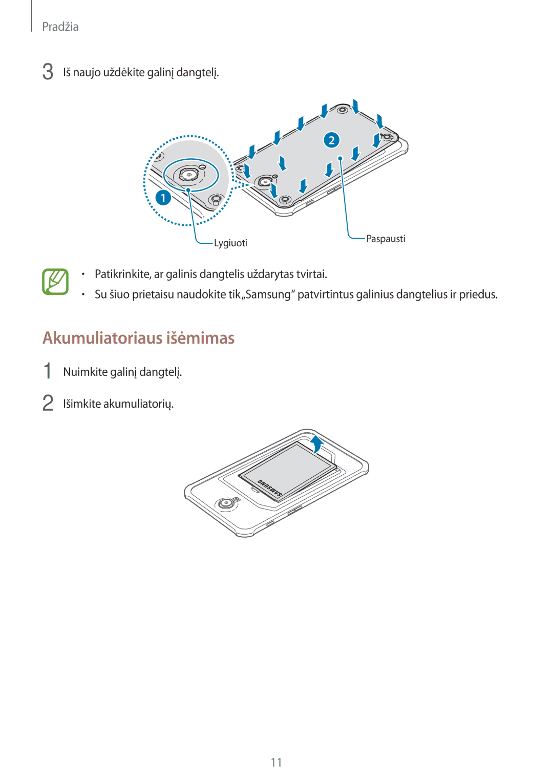 Samsung SM-T360NNGASEB manual Akumuliatoriaus išėmimas 