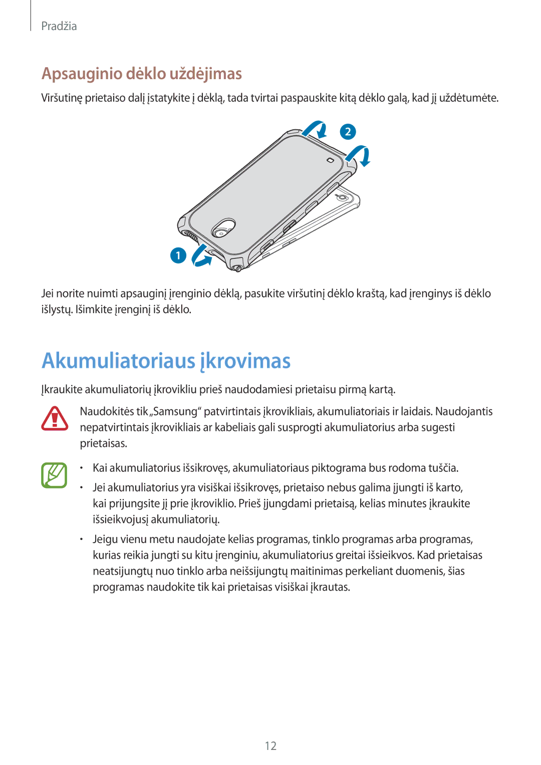 Samsung SM-T360NNGASEB manual Akumuliatoriaus įkrovimas, Apsauginio dėklo uždėjimas 