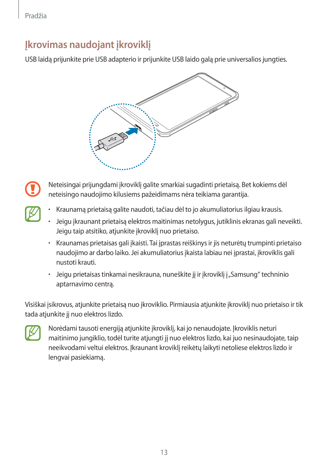 Samsung SM-T360NNGASEB manual Įkrovimas naudojant įkroviklį 