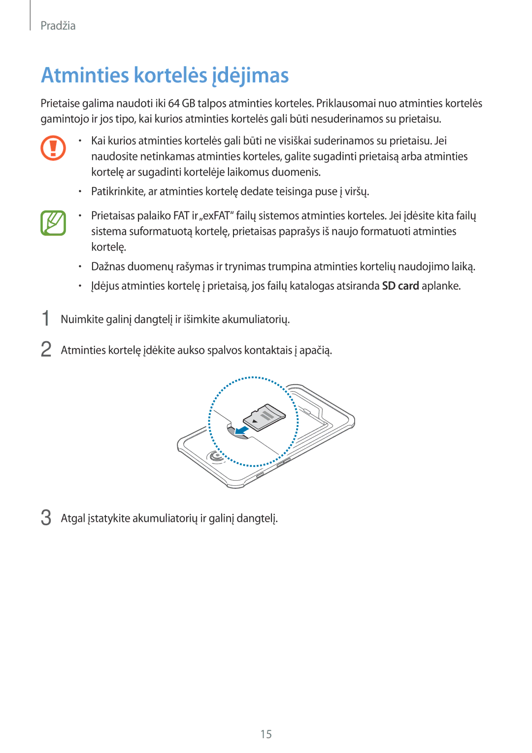 Samsung SM-T360NNGASEB manual Atminties kortelės įdėjimas 