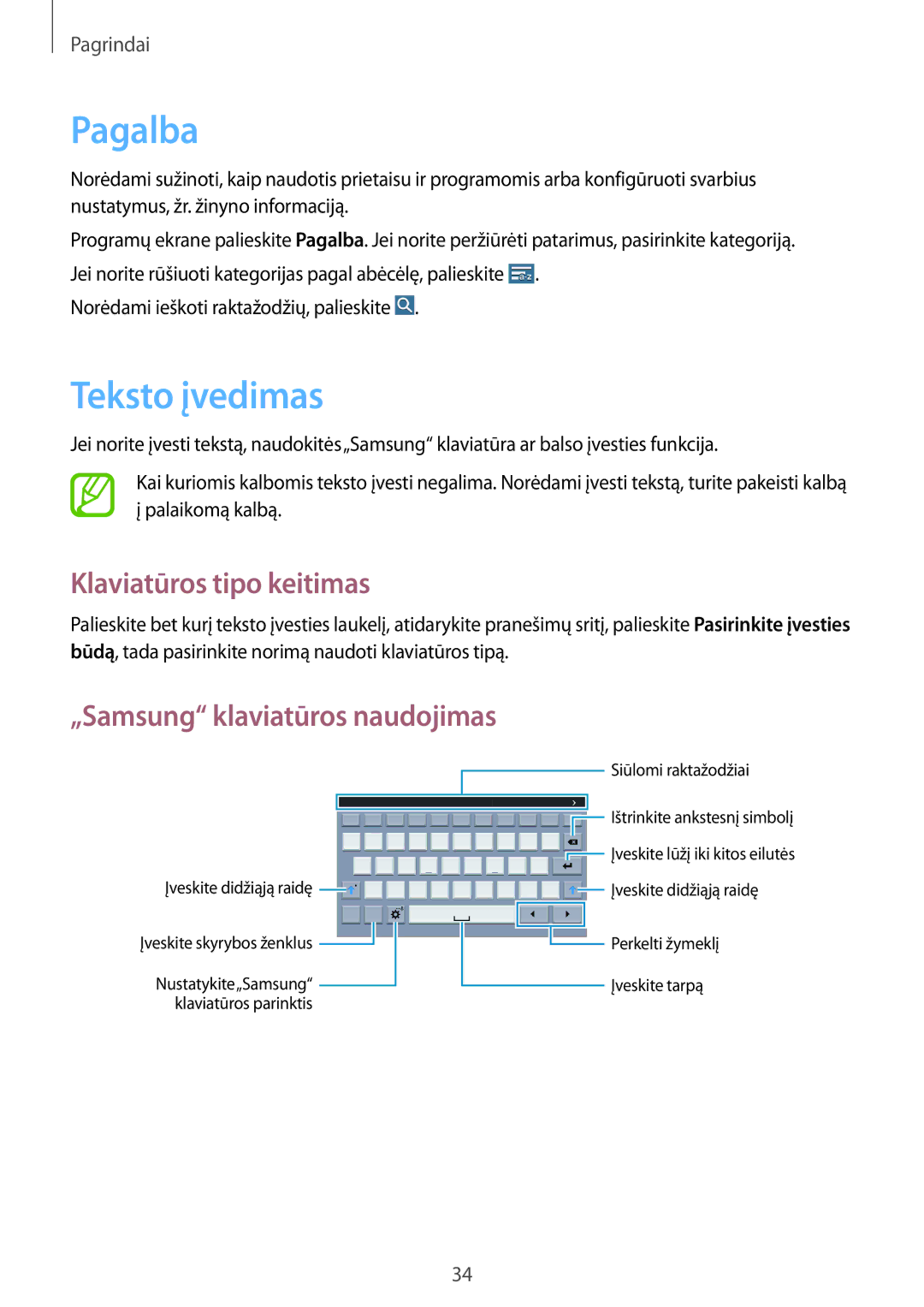 Samsung SM-T360NNGASEB manual Pagalba, Teksto įvedimas, Klaviatūros tipo keitimas, „Samsung klaviatūros naudojimas 