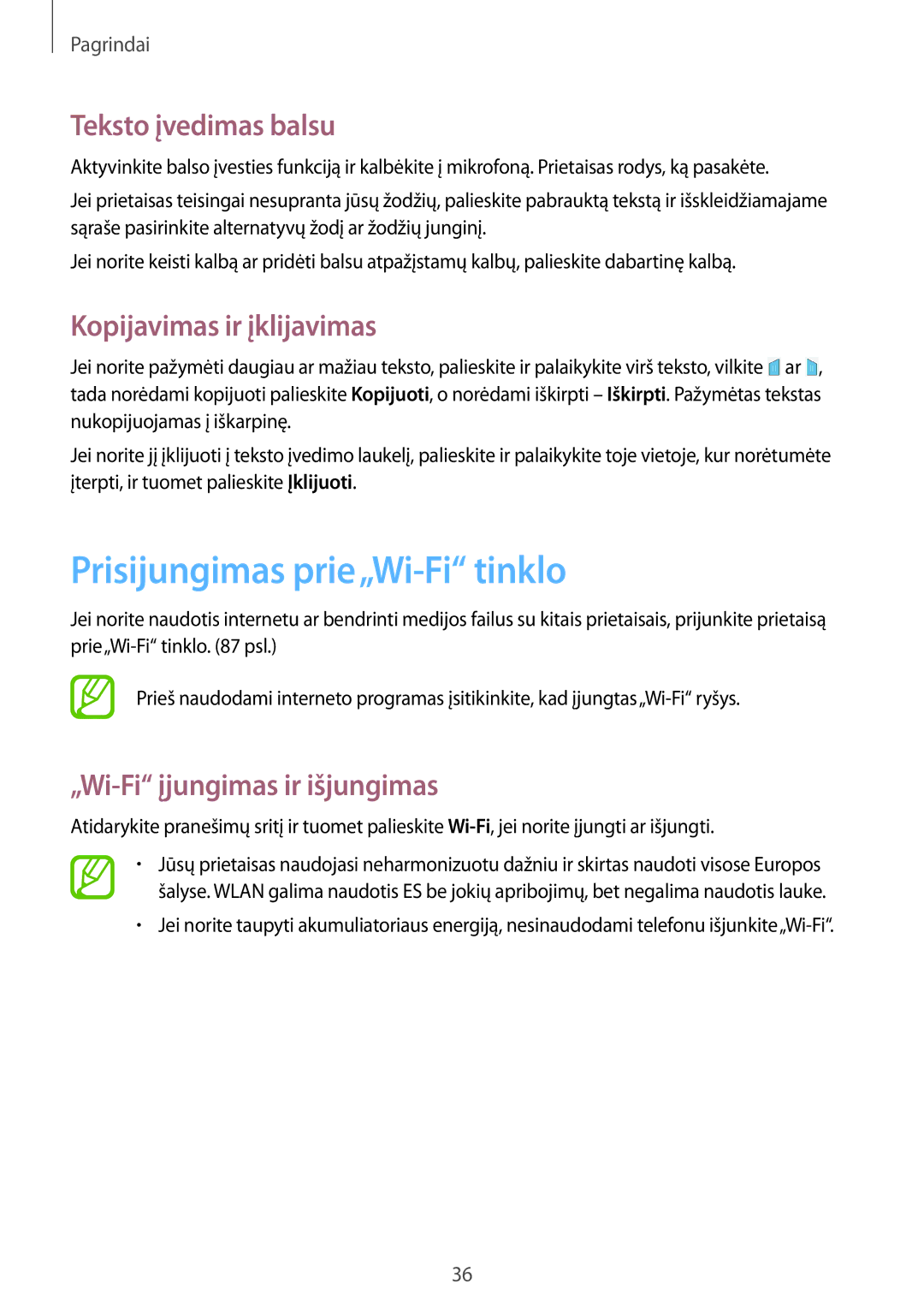 Samsung SM-T360NNGASEB manual Prisijungimas prie„Wi-Fi tinklo, Teksto įvedimas balsu, Kopijavimas ir įklijavimas 