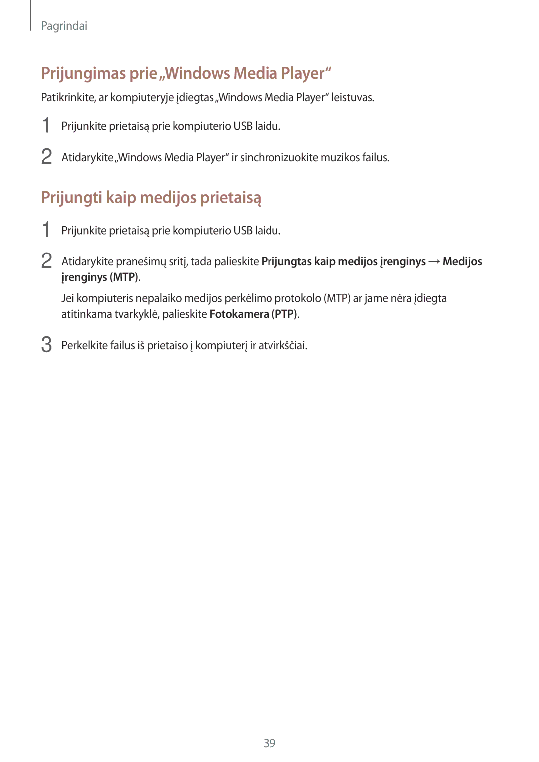 Samsung SM-T360NNGASEB manual Prijungimas prie„Windows Media Player, Prijungti kaip medijos prietaisą 