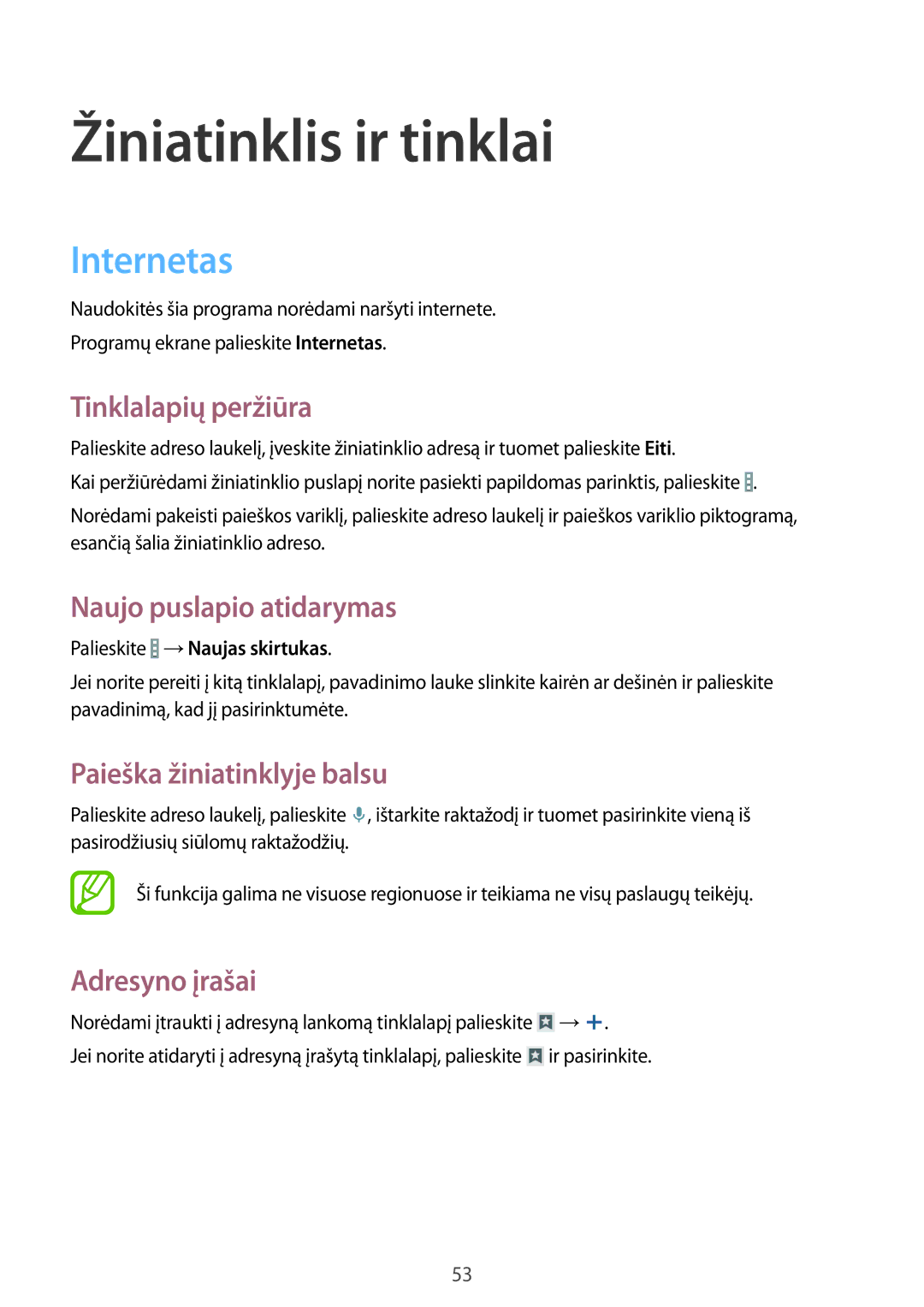 Samsung SM-T360NNGASEB manual Žiniatinklis ir tinklai, Internetas 