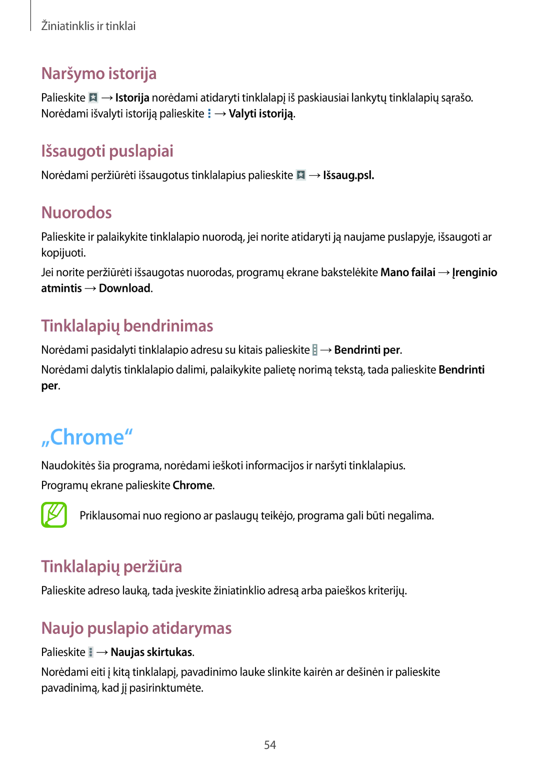 Samsung SM-T360NNGASEB manual „Chrome, Naršymo istorija, Išsaugoti puslapiai, Nuorodos, Tinklalapių bendrinimas 