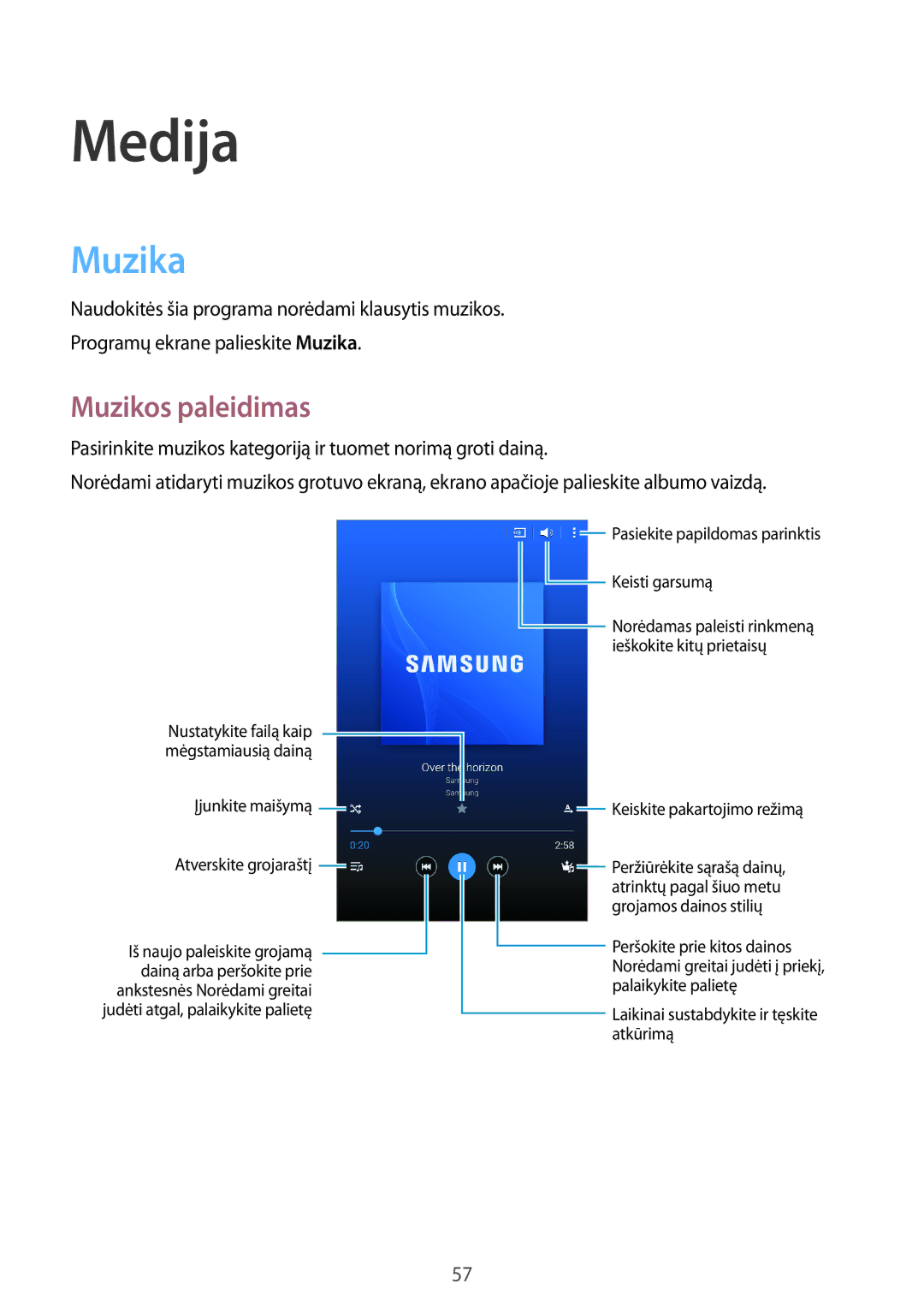 Samsung SM-T360NNGASEB manual Medija, Muzika, Muzikos paleidimas 