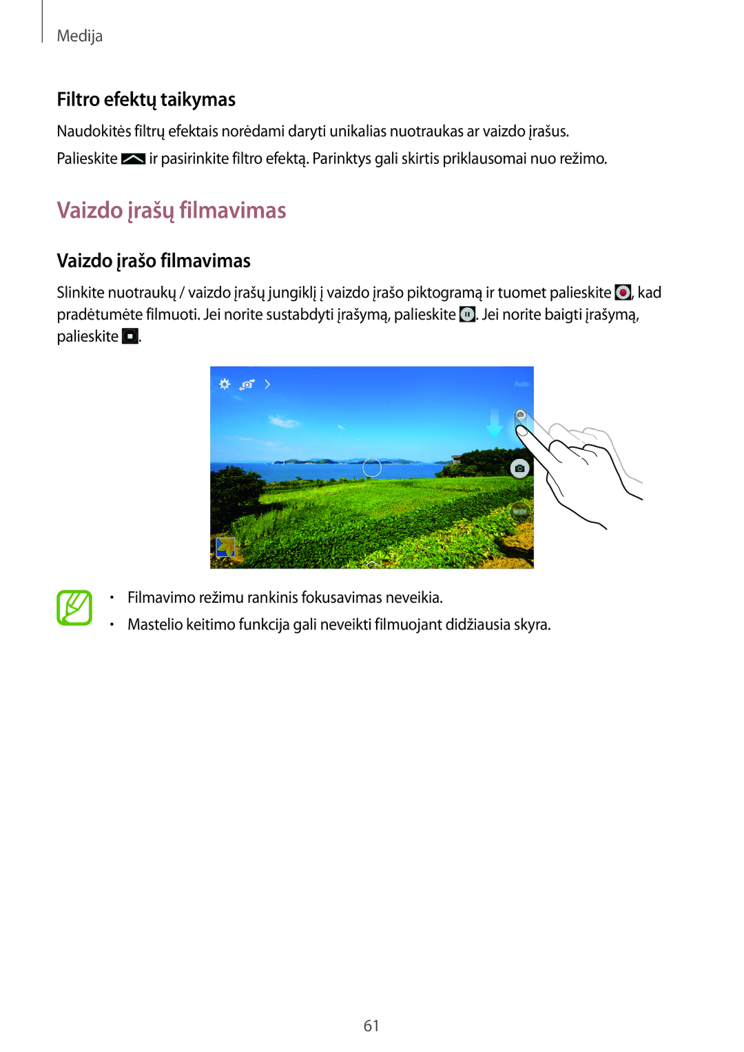 Samsung SM-T360NNGASEB manual Vaizdo įrašų filmavimas, Filtro efektų taikymas, Vaizdo įrašo filmavimas 