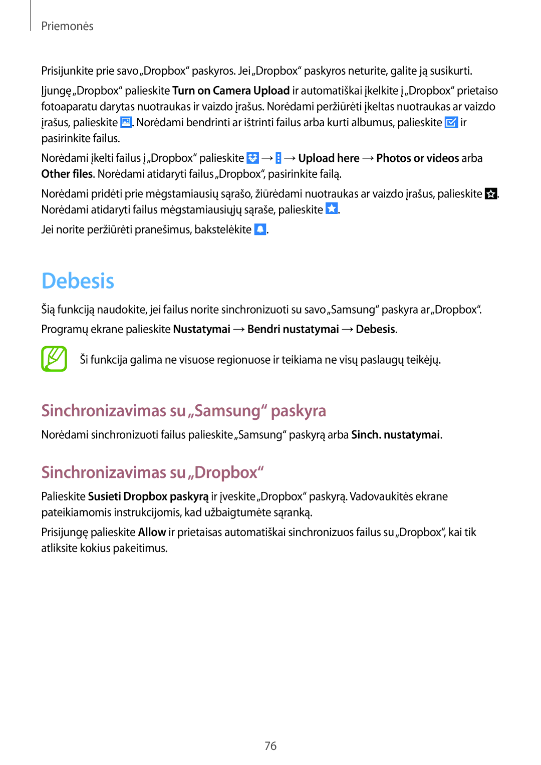 Samsung SM-T360NNGASEB manual Debesis, Sinchronizavimas su„Samsung paskyra, Sinchronizavimas su„Dropbox 