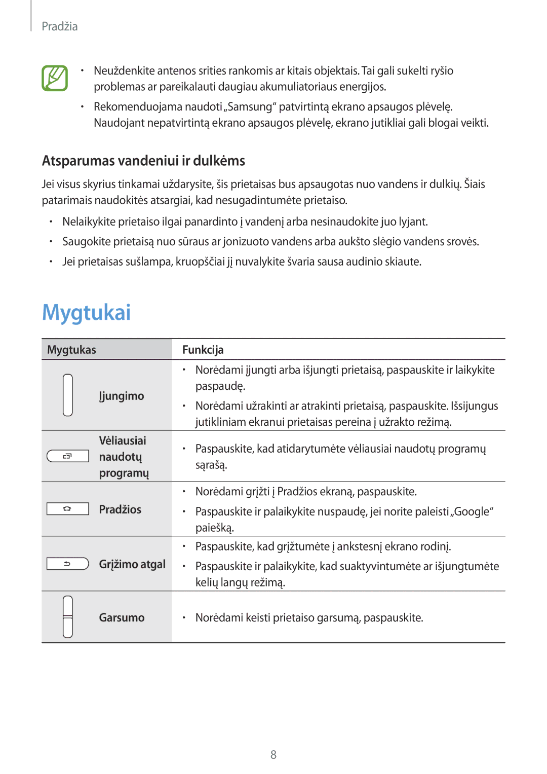 Samsung SM-T360NNGASEB manual Mygtukai, Atsparumas vandeniui ir dulkėms 