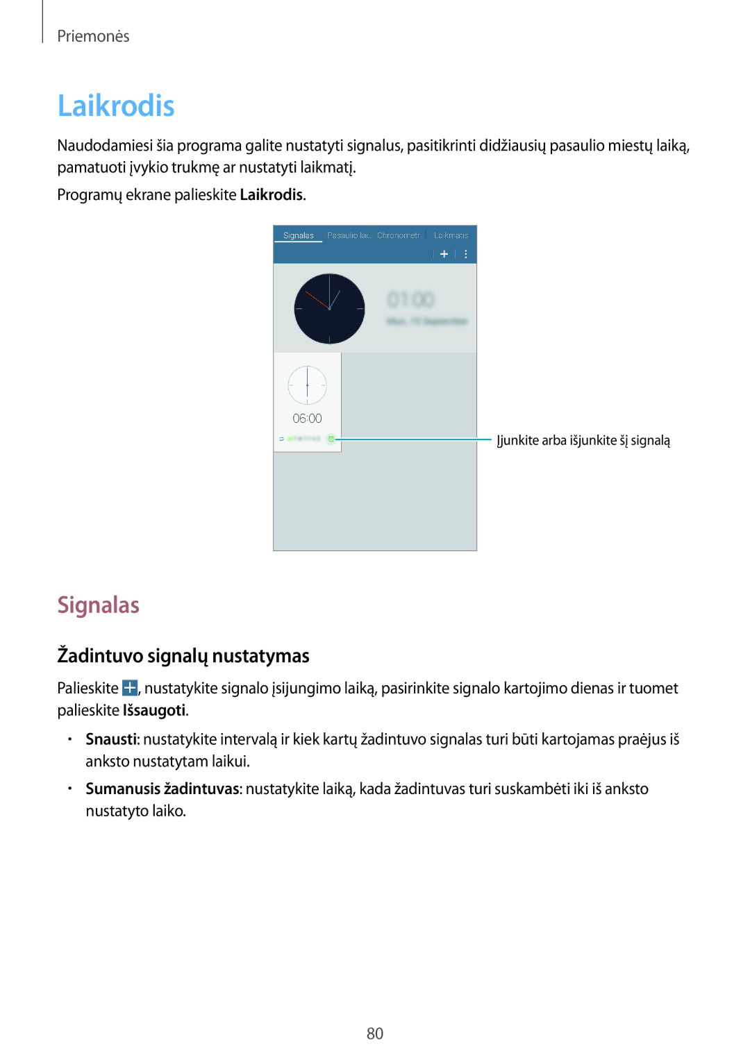 Samsung SM-T360NNGASEB manual Laikrodis, Signalas, Žadintuvo signalų nustatymas 