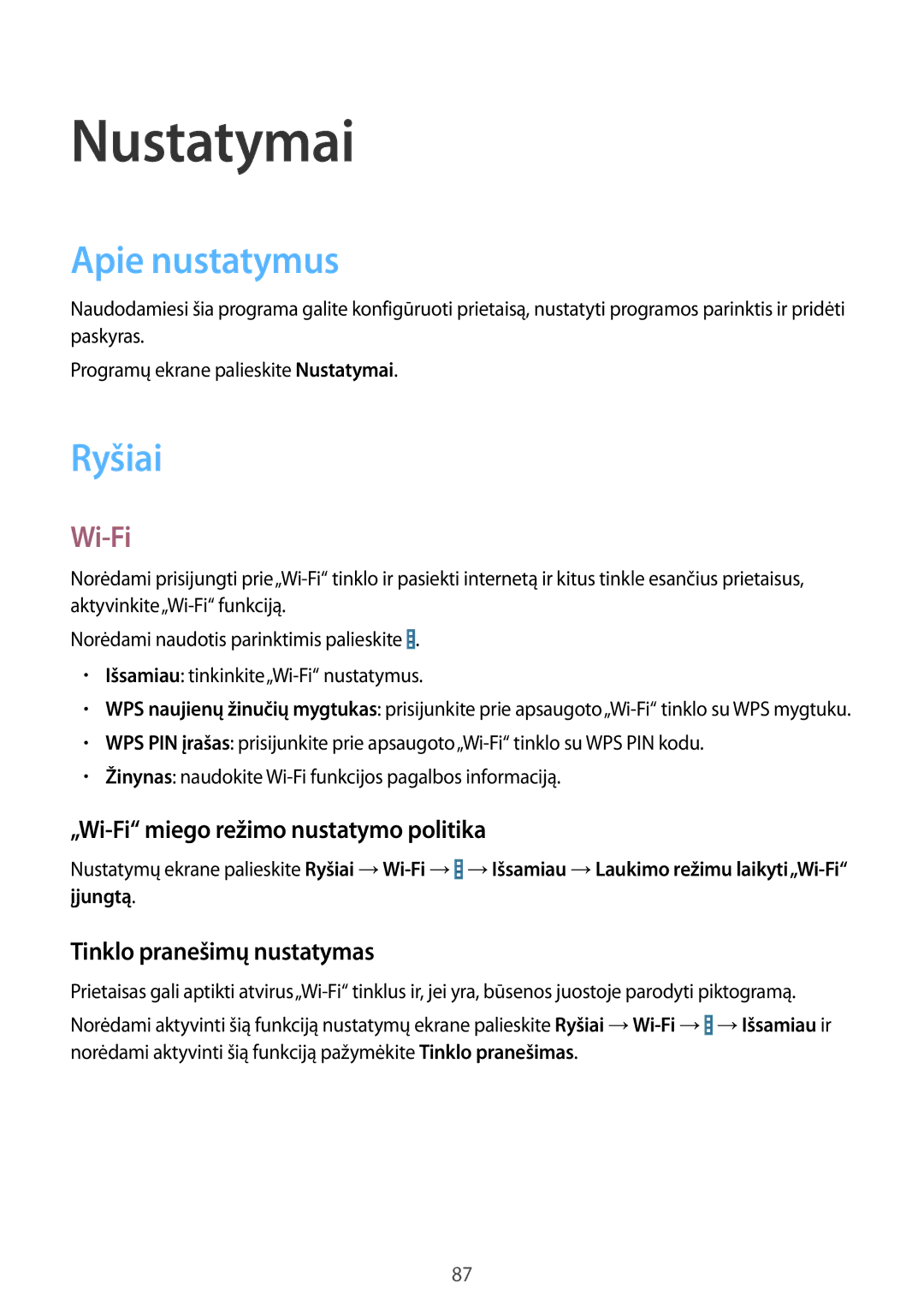 Samsung SM-T360NNGASEB manual Nustatymai, Apie nustatymus, Ryšiai, Wi-Fi 