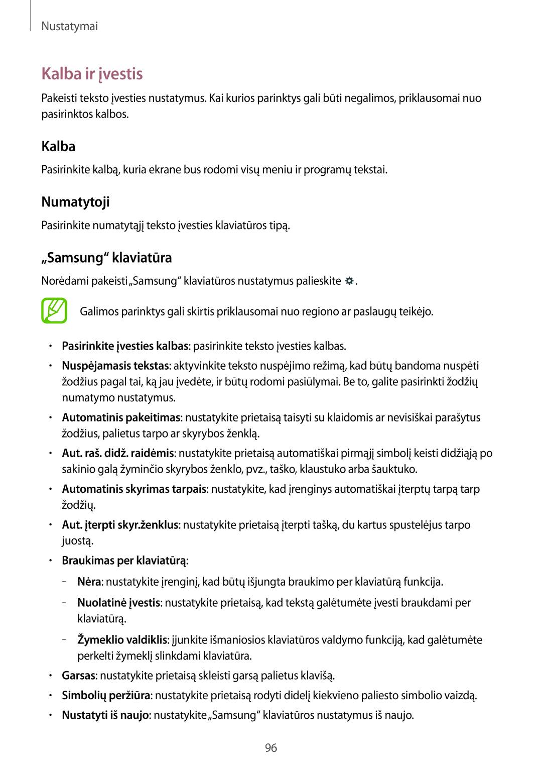 Samsung SM-T360NNGASEB manual Kalba ir įvestis, Numatytoji, „Samsung klaviatūra, Braukimas per klaviatūrą 