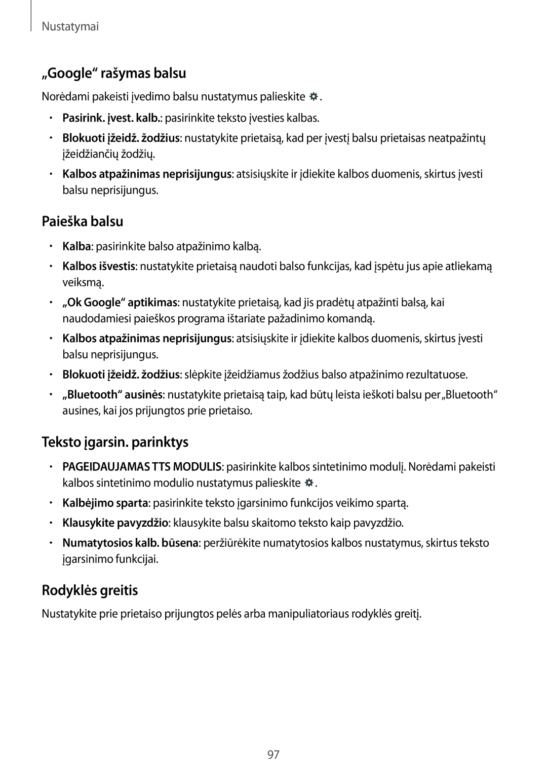 Samsung SM-T360NNGASEB manual „Google rašymas balsu, Paieška balsu, Teksto įgarsin. parinktys, Rodyklės greitis 