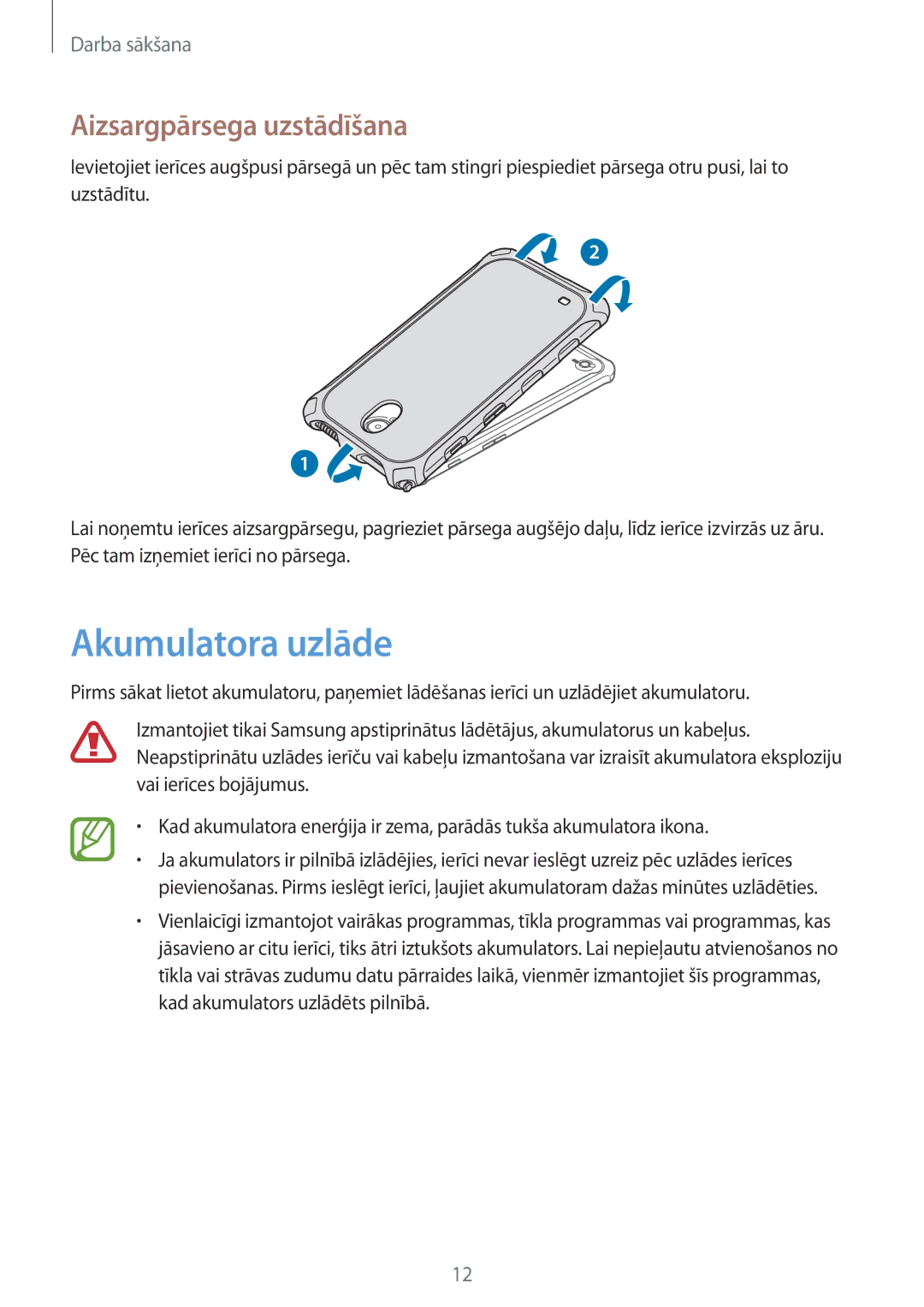 Samsung SM-T360NNGASEB manual Akumulatora uzlāde, Aizsargpārsega uzstādīšana 