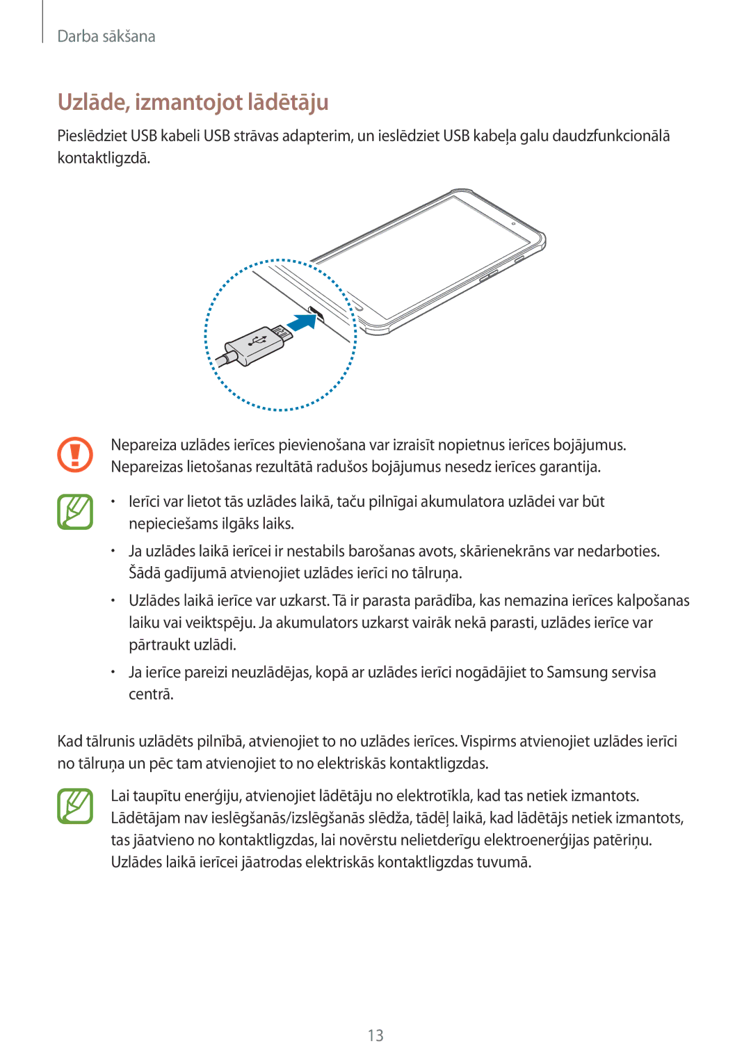 Samsung SM-T360NNGASEB manual Uzlāde, izmantojot lādētāju 