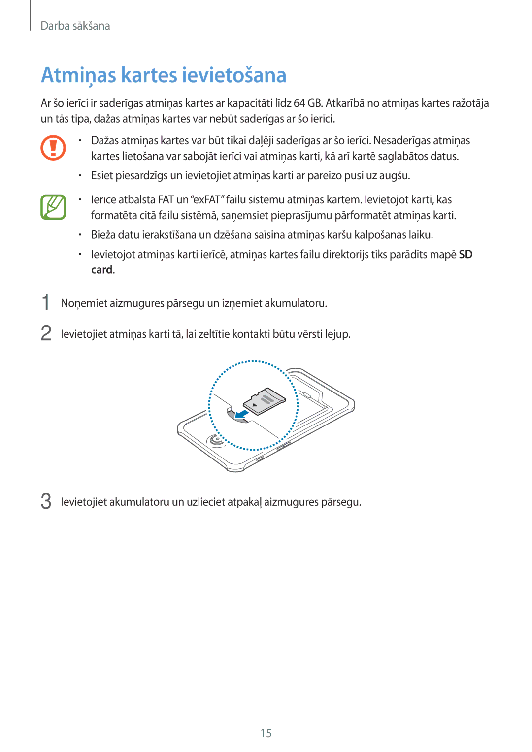 Samsung SM-T360NNGASEB manual Atmiņas kartes ievietošana 