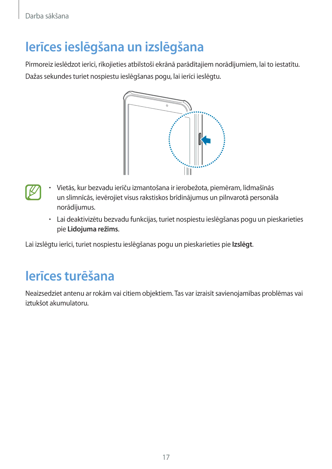 Samsung SM-T360NNGASEB manual Ierīces ieslēgšana un izslēgšana, Ierīces turēšana 