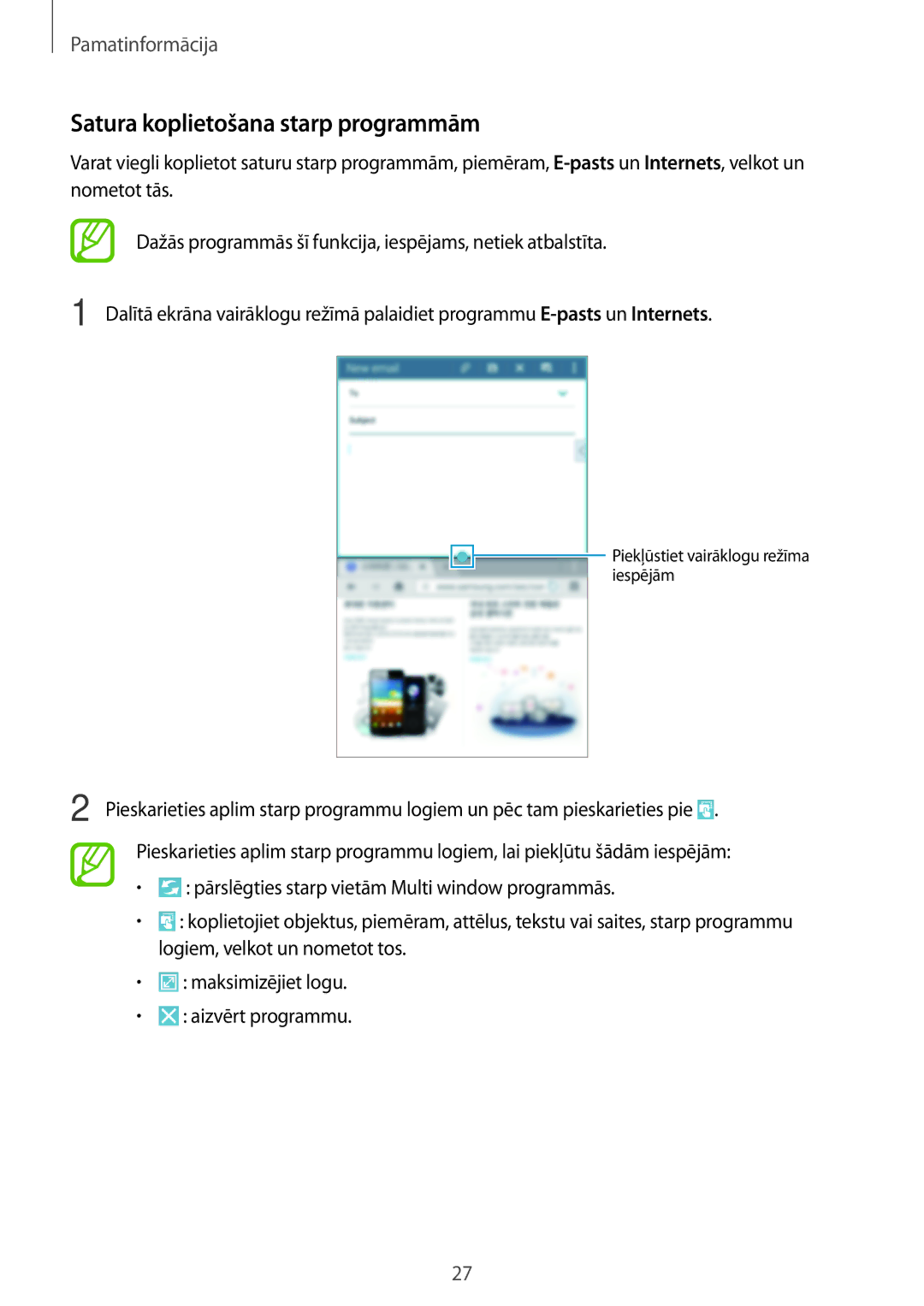 Samsung SM-T360NNGASEB manual Satura koplietošana starp programmām 