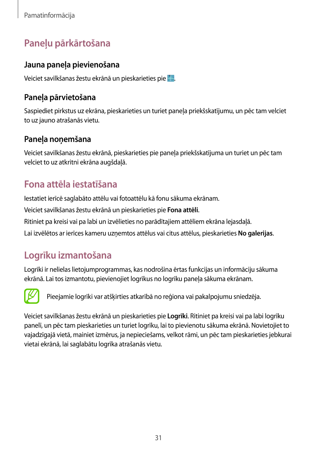 Samsung SM-T360NNGASEB manual Paneļu pārkārtošana, Fona attēla iestatīšana, Logrīku izmantošana 