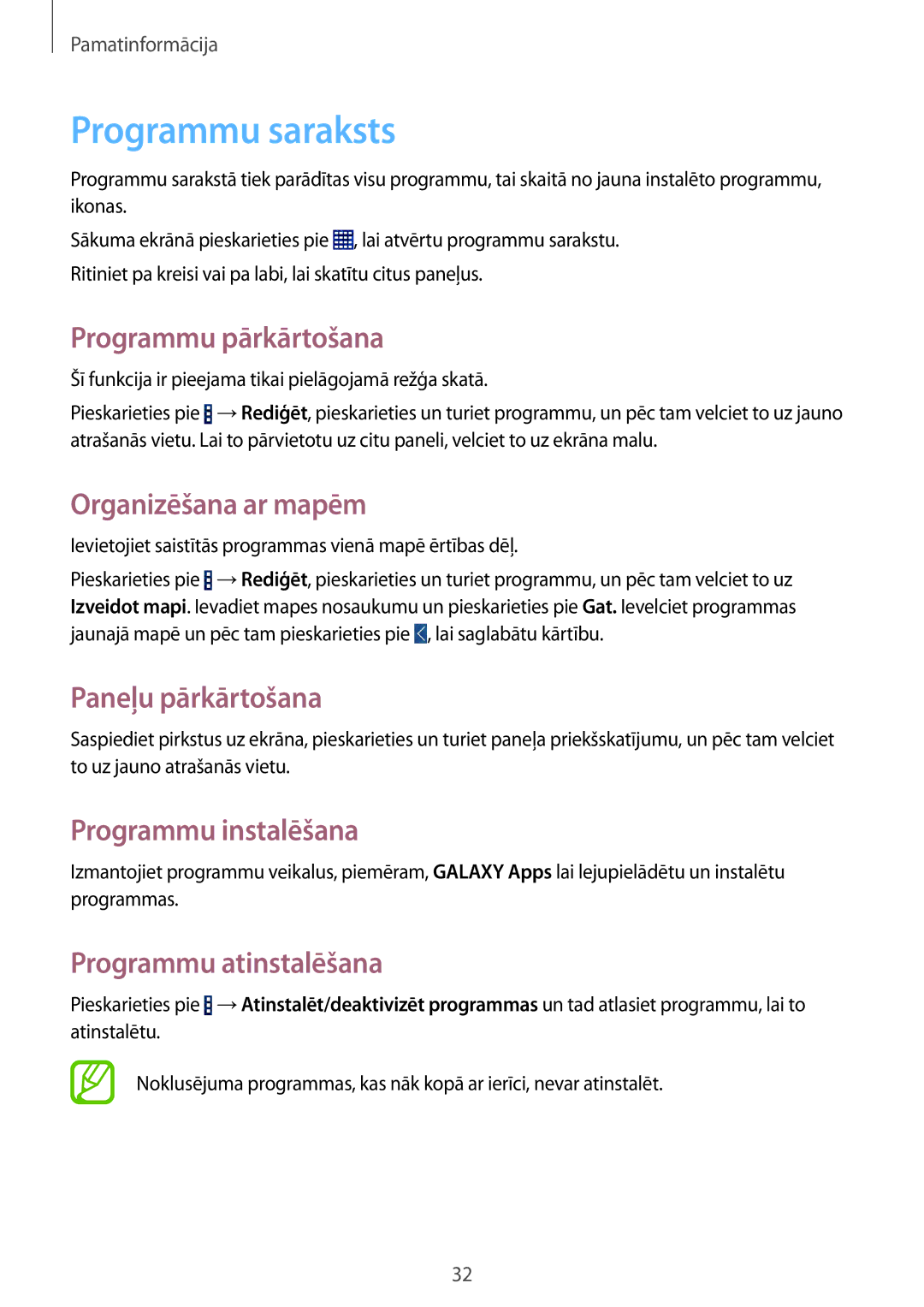 Samsung SM-T360NNGASEB manual Programmu saraksts, Programmu pārkārtošana, Organizēšana ar mapēm, Programmu instalēšana 