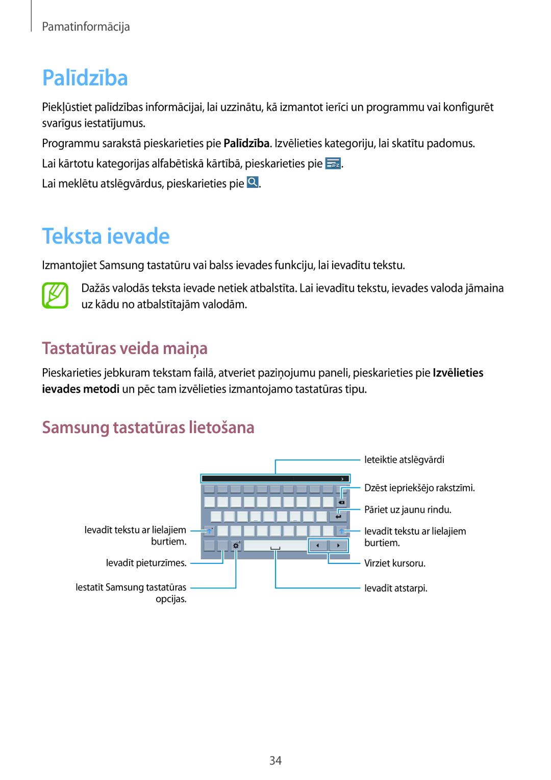 Samsung SM-T360NNGASEB manual Palīdzība, Teksta ievade, Tastatūras veida maiņa 