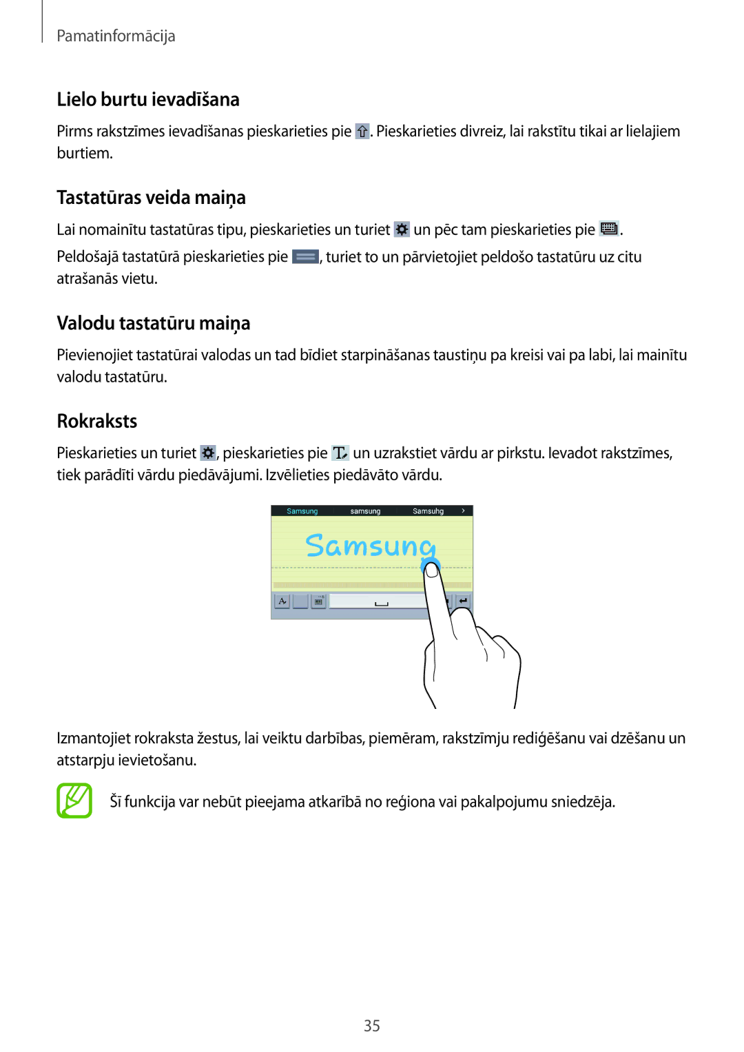 Samsung SM-T360NNGASEB manual Lielo burtu ievadīšana, Tastatūras veida maiņa, Valodu tastatūru maiņa, Rokraksts 