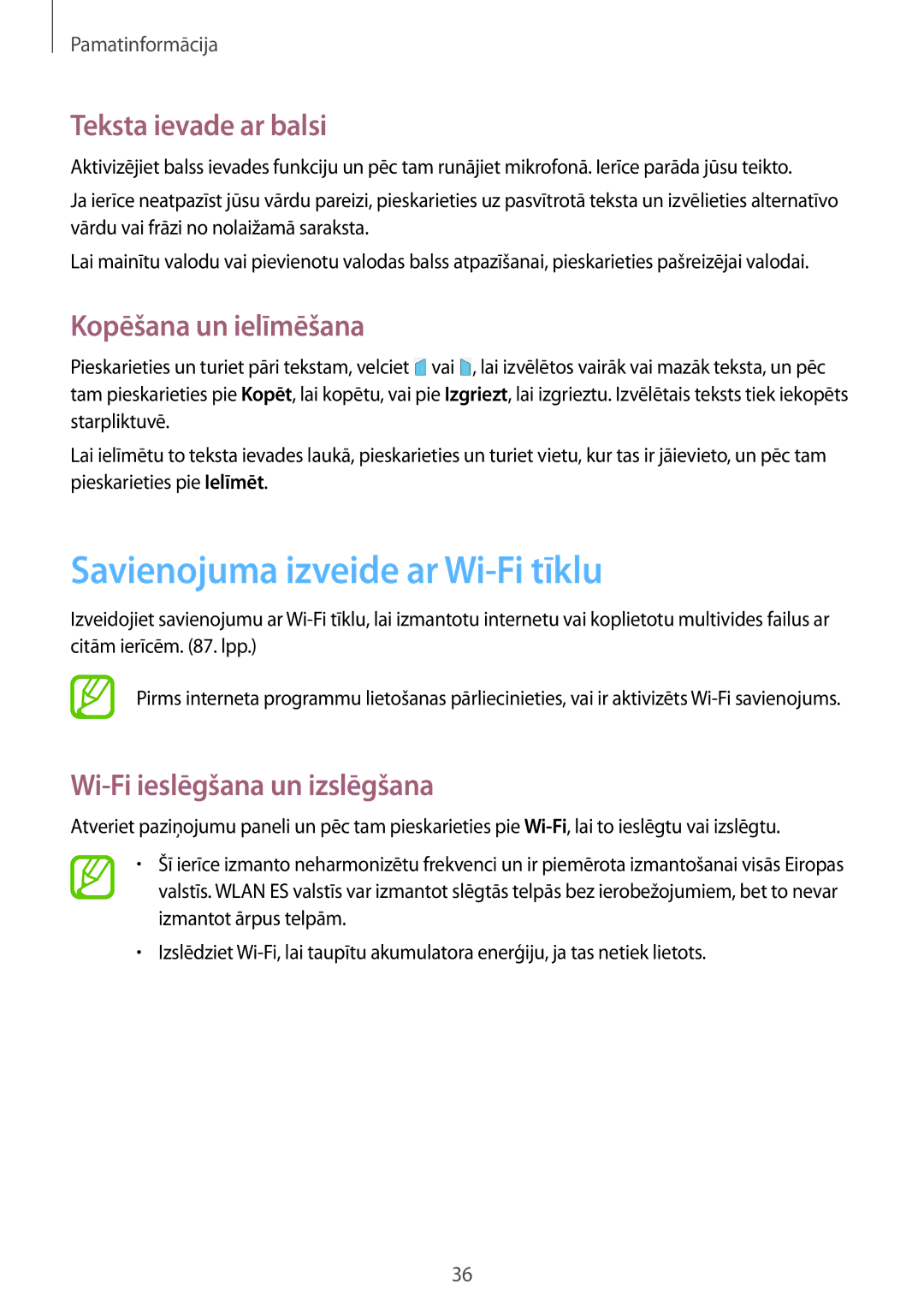 Samsung SM-T360NNGASEB manual Savienojuma izveide ar Wi-Fi tīklu, Teksta ievade ar balsi, Kopēšana un ielīmēšana 