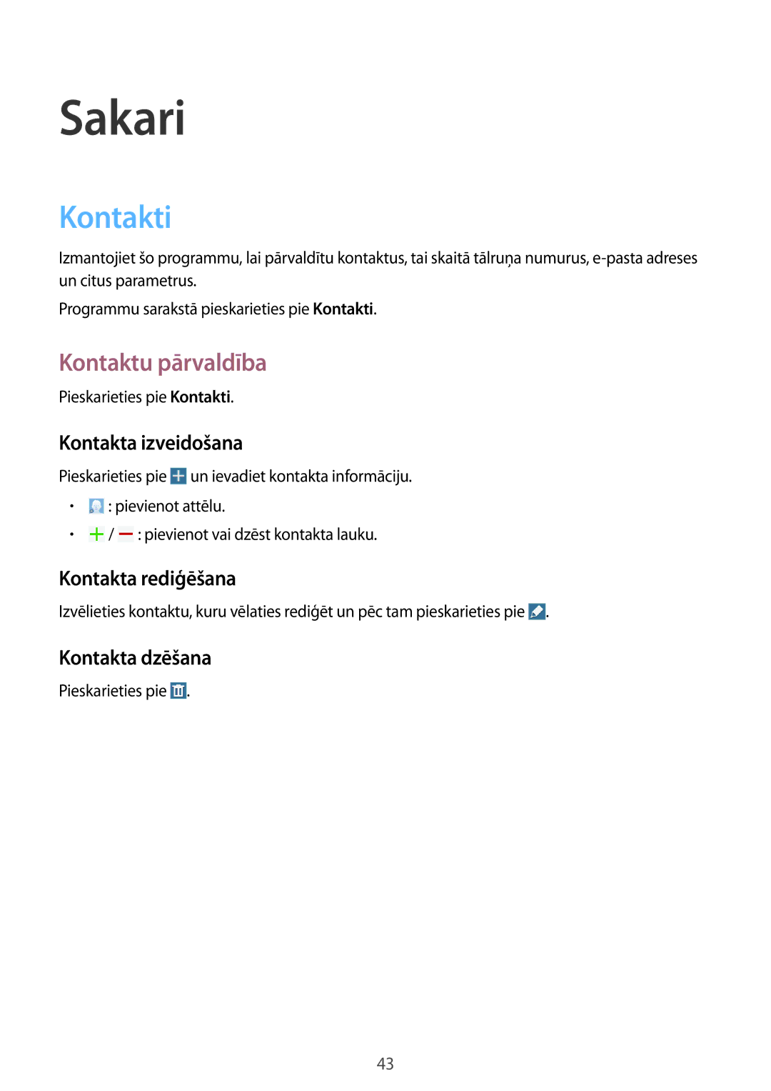 Samsung SM-T360NNGASEB manual Sakari, Kontakti, Kontaktu pārvaldība 