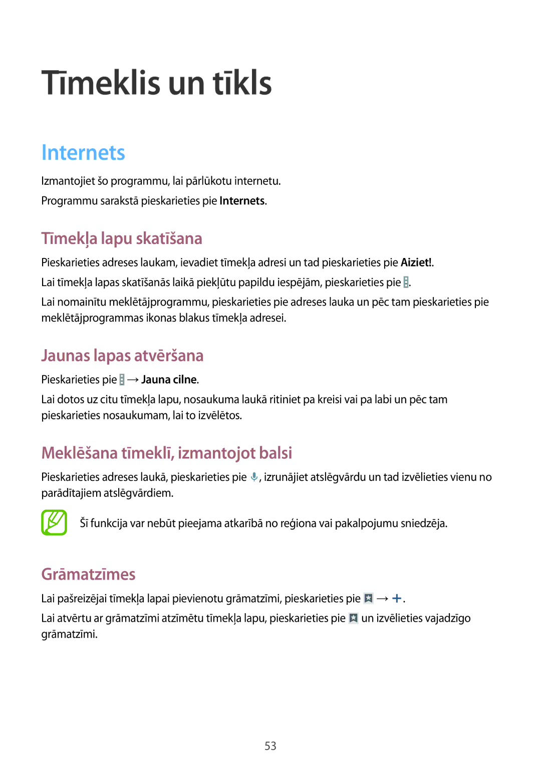 Samsung SM-T360NNGASEB manual Tīmeklis un tīkls, Internets 