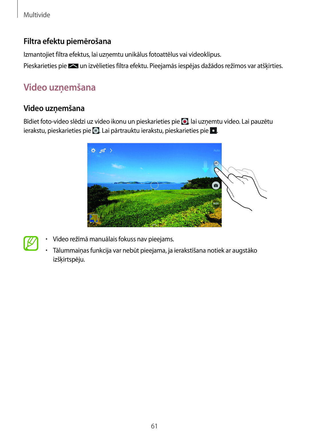 Samsung SM-T360NNGASEB manual Video uzņemšana, Filtra efektu piemērošana 